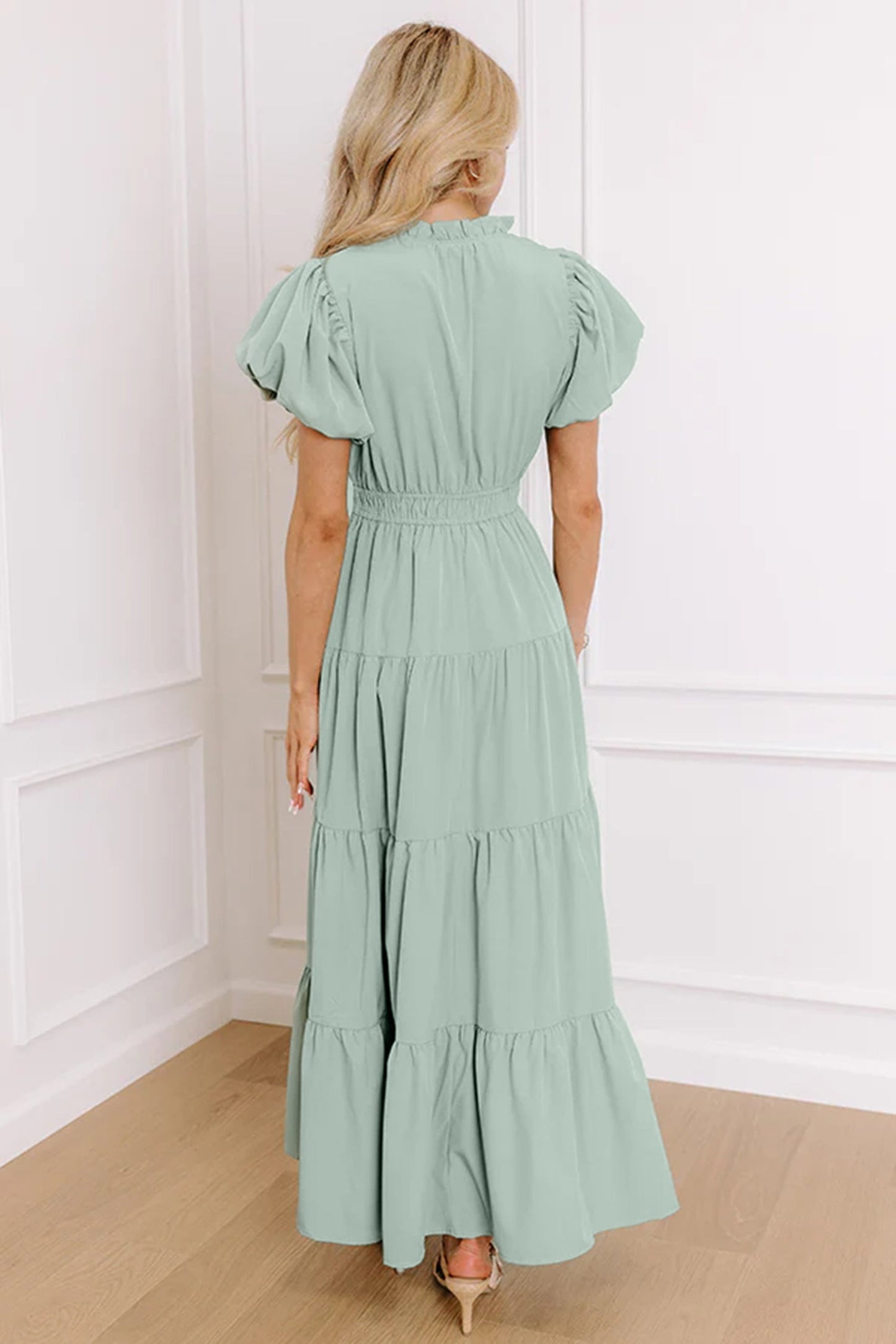 Solid V-Neck Short Puff Sleeve Tiered Maxi Dress