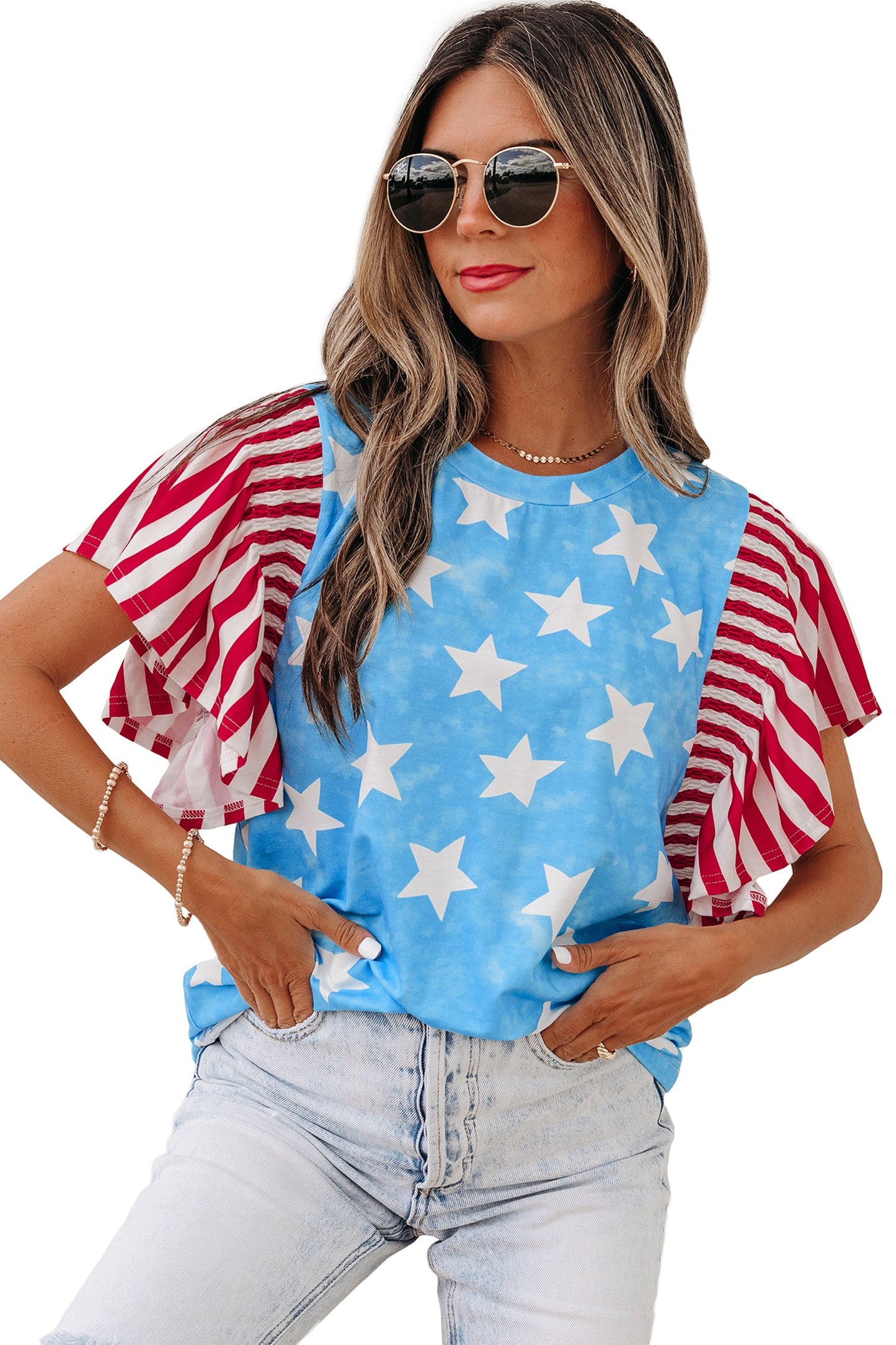 Stars & Stripes Mineral Wash Ruffle Sleeve Top