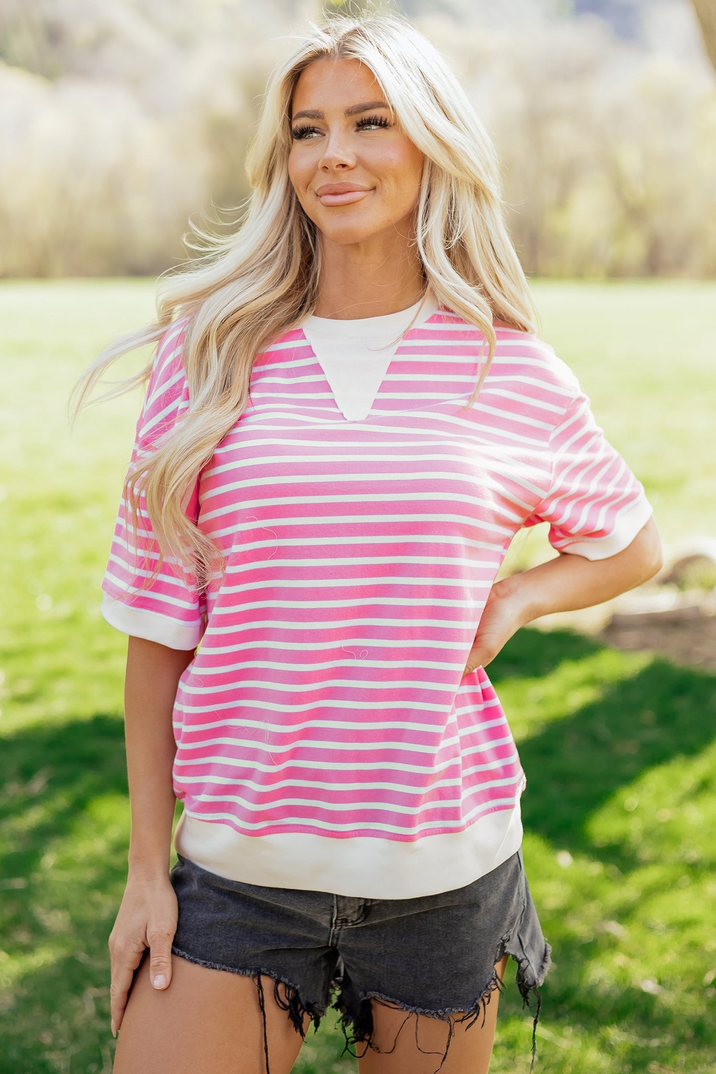 Stripe Colorblock Drop Shoulder Short Sleeve Top