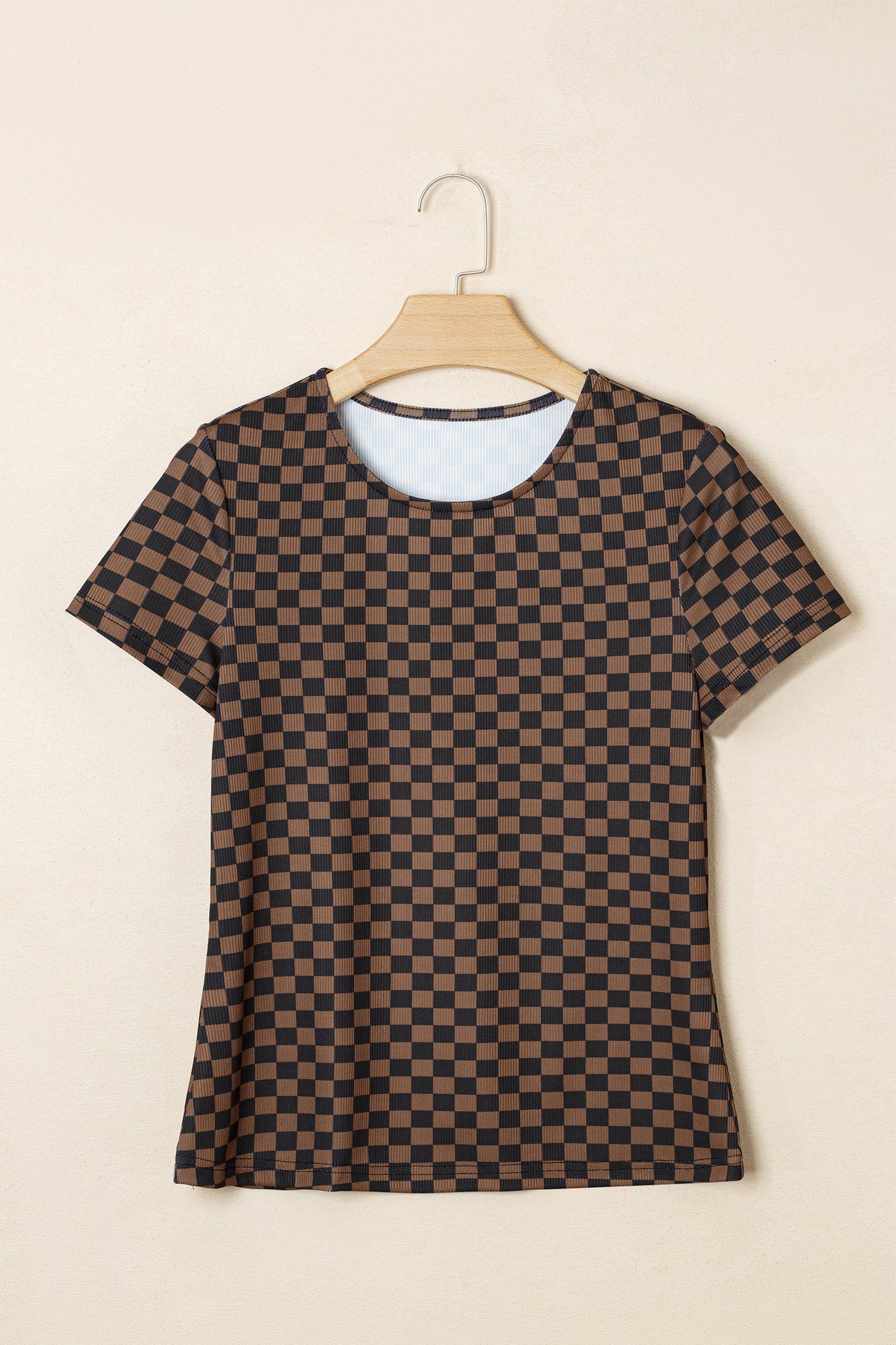 Checker Ribbed Knit Short Sleeve T-Shirt