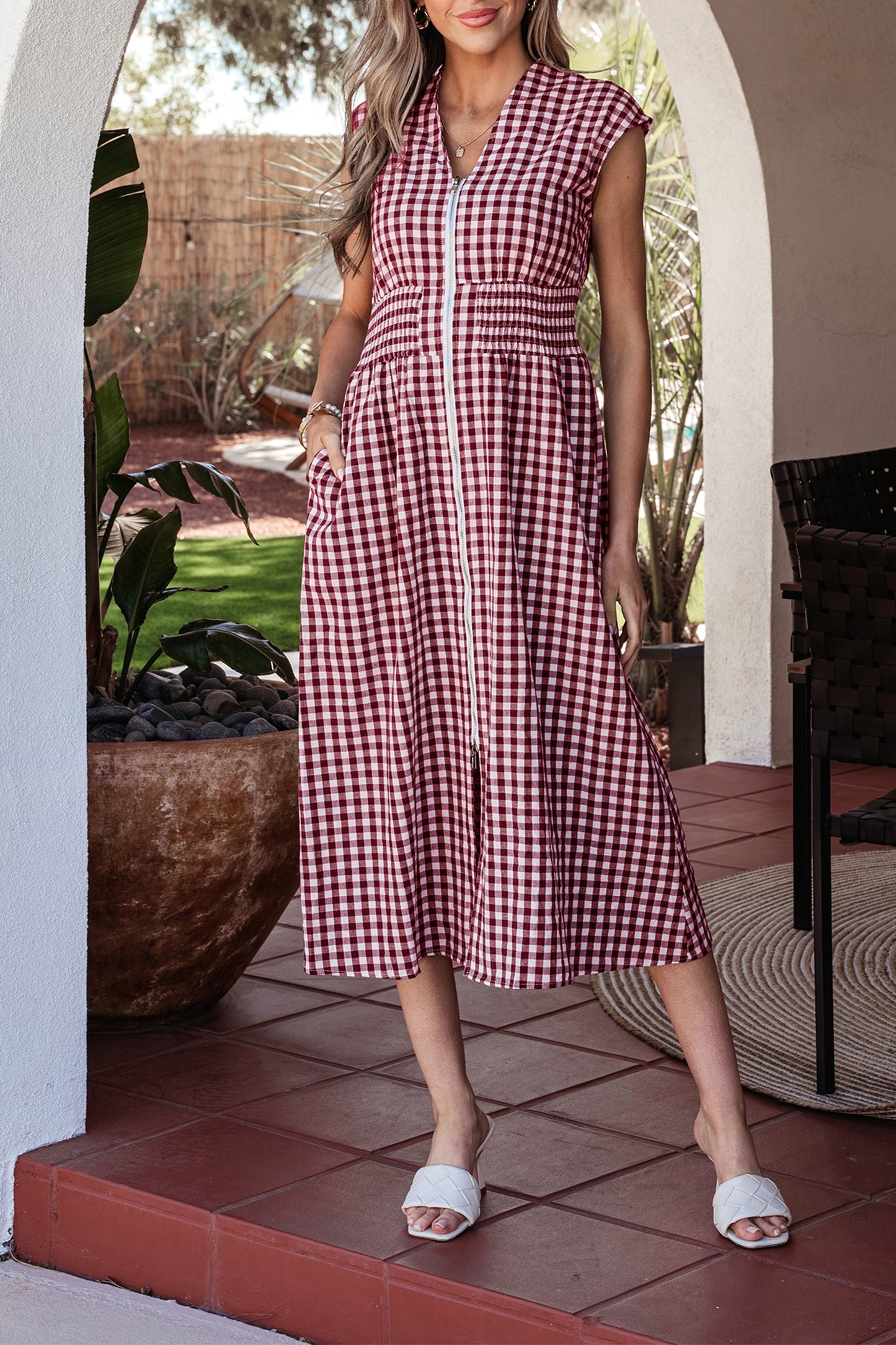 Gingham Plaid Zipped Cinched Waist Maxi Dress