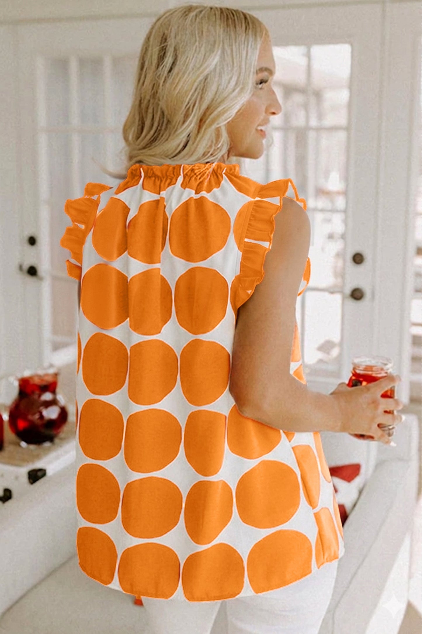 Polka Dot Frilled Round Neck Tank Top