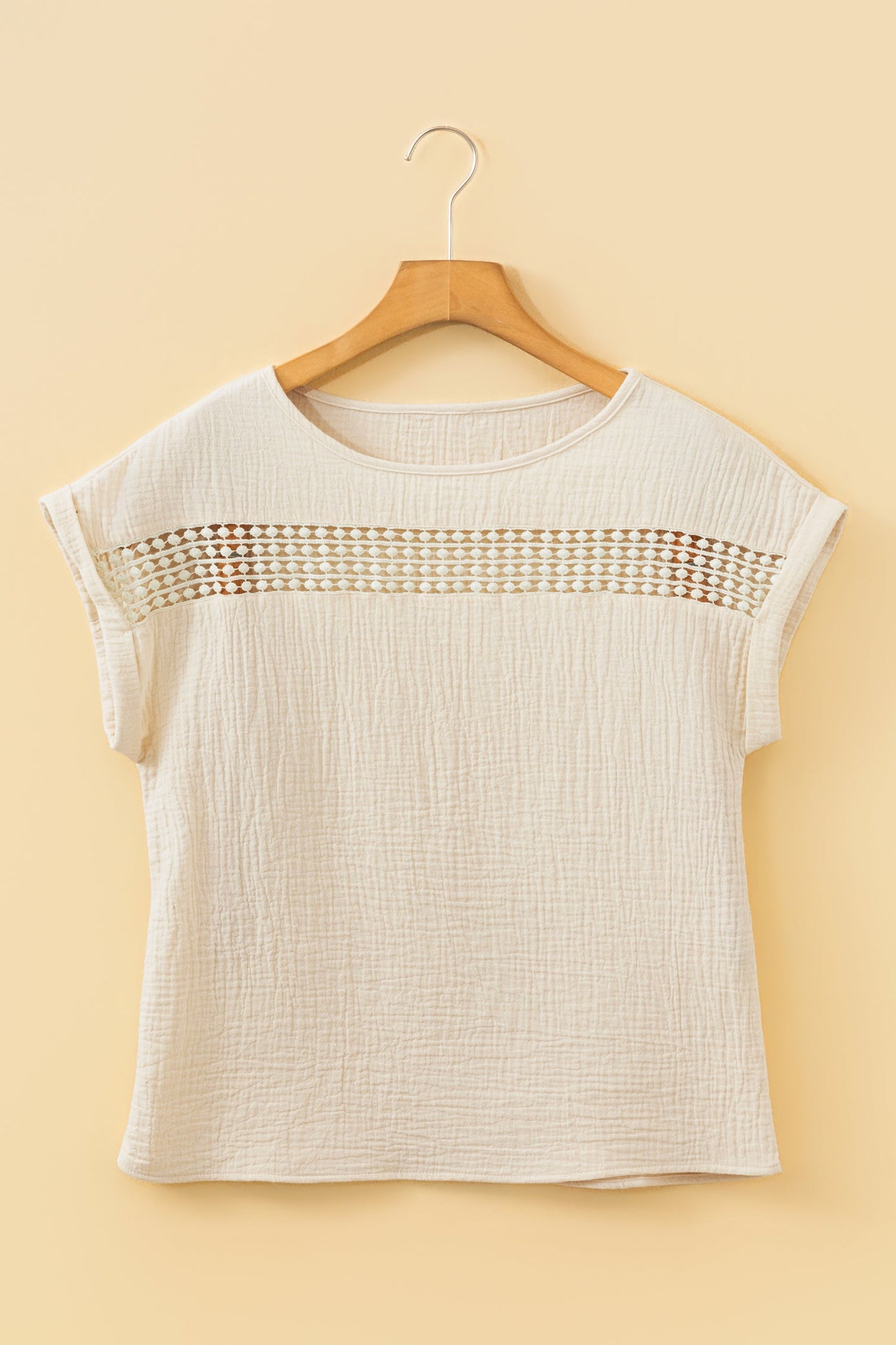 Crochet Insert Crinkle Gauze Short Sleeve Blouse