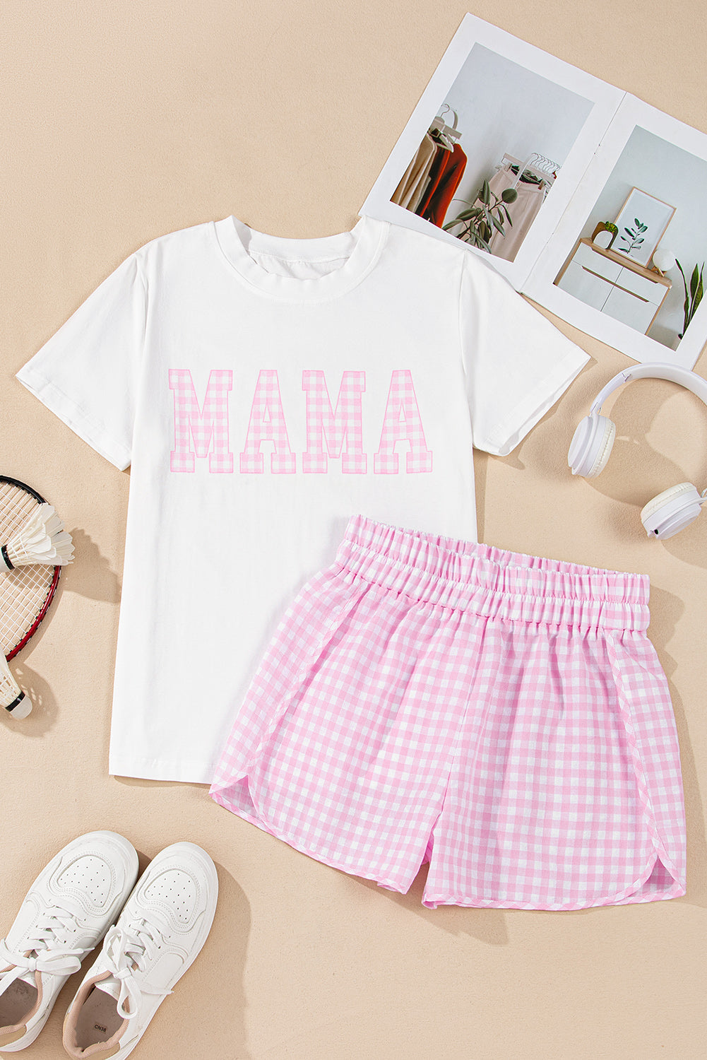 MAMA Tee and Plaid Shorts Lounge Set