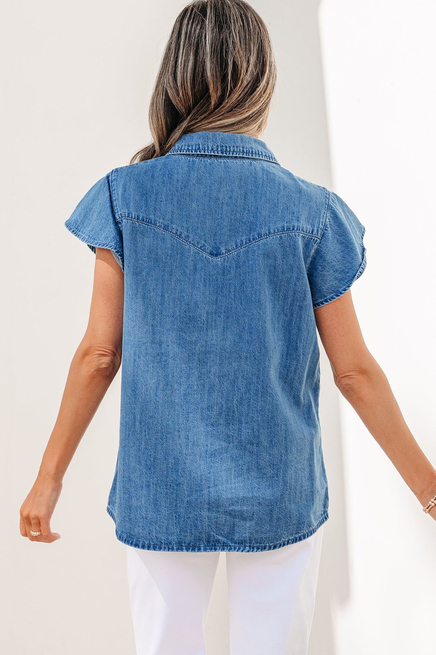 Solid Denim Ruffle Short Sleeve Buttoned Shirt