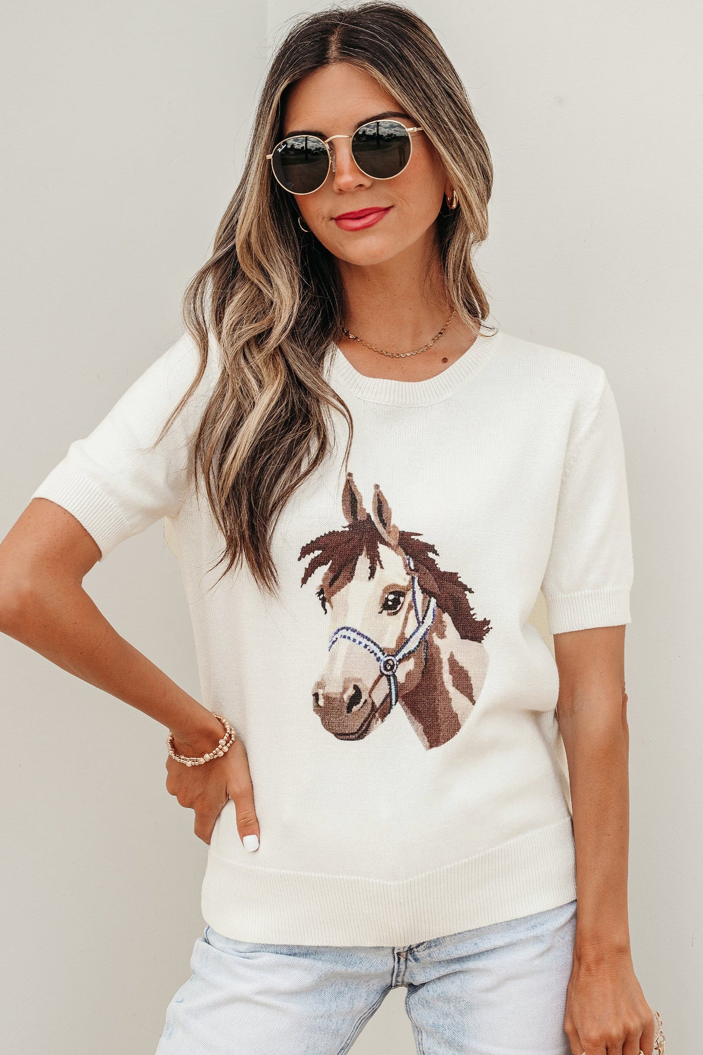 Western Horse Head Short Sleeve Sweater