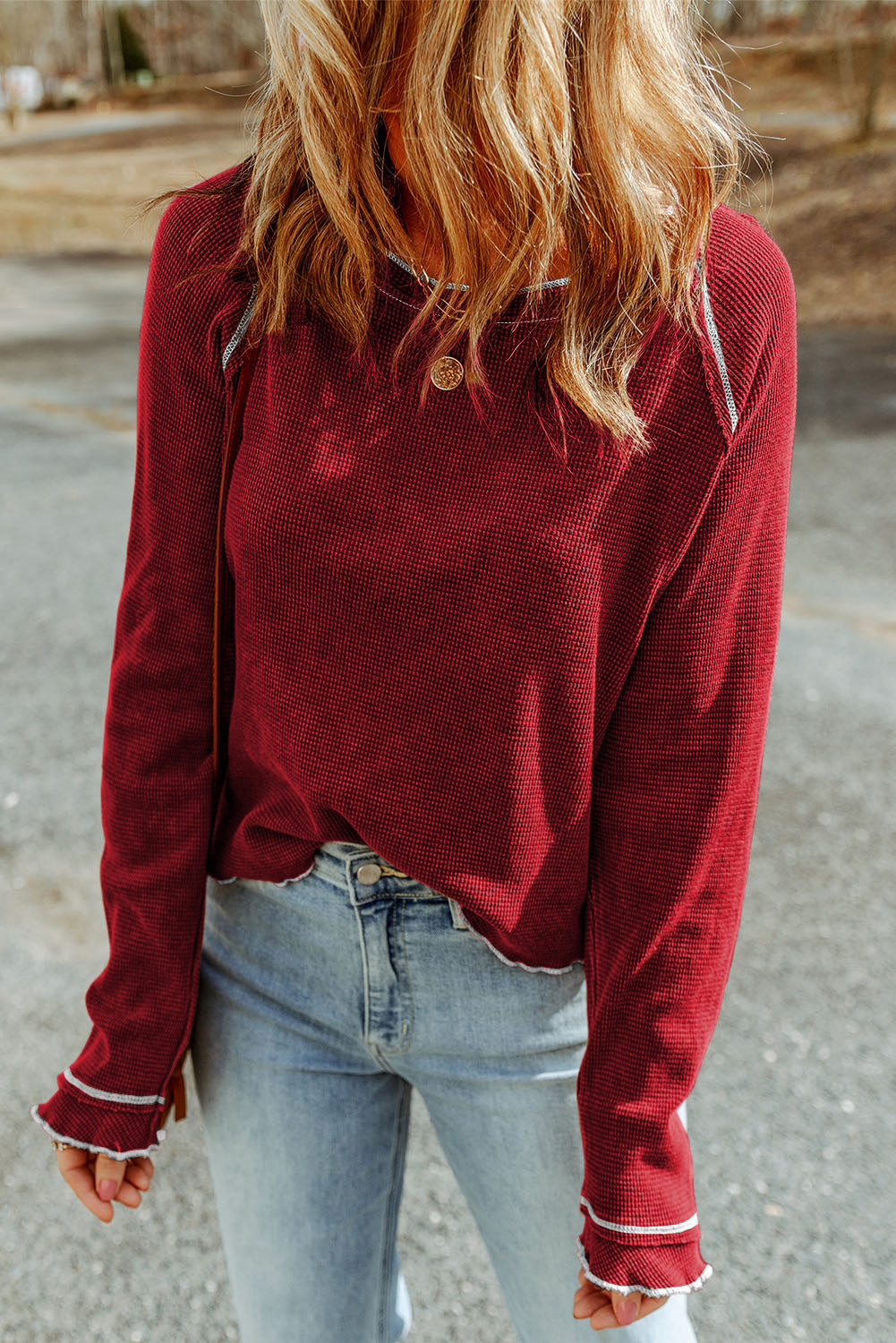 Solid Waffle Knit Round Neck Long Sleeve Top