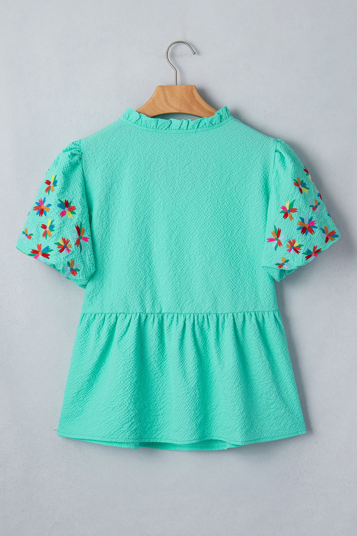 Flower Embroidered Puff Sleeve Frilled V-Neck Blouse