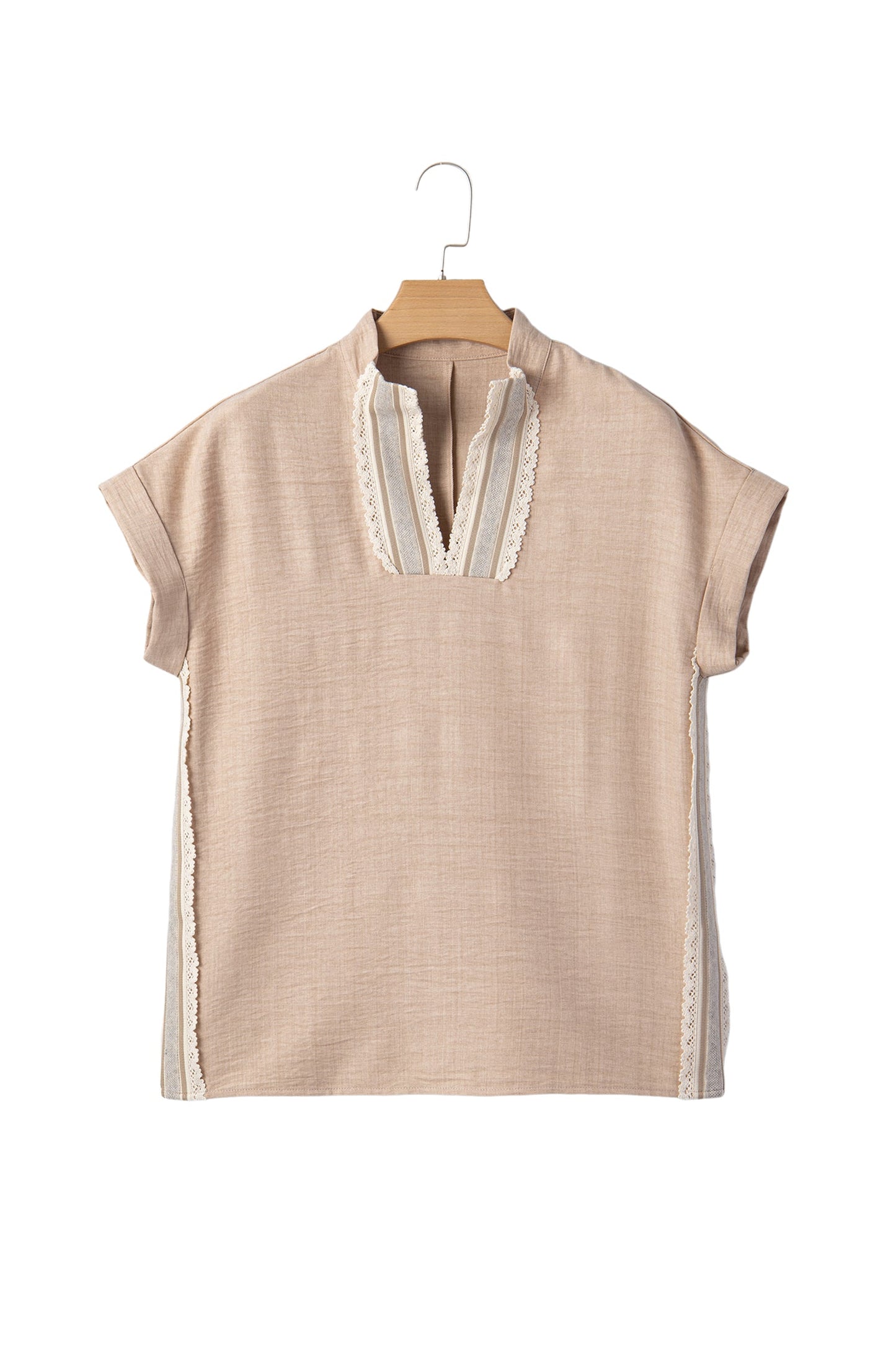 Crochet Lace Trim Rolled Short Sleeve Blouse