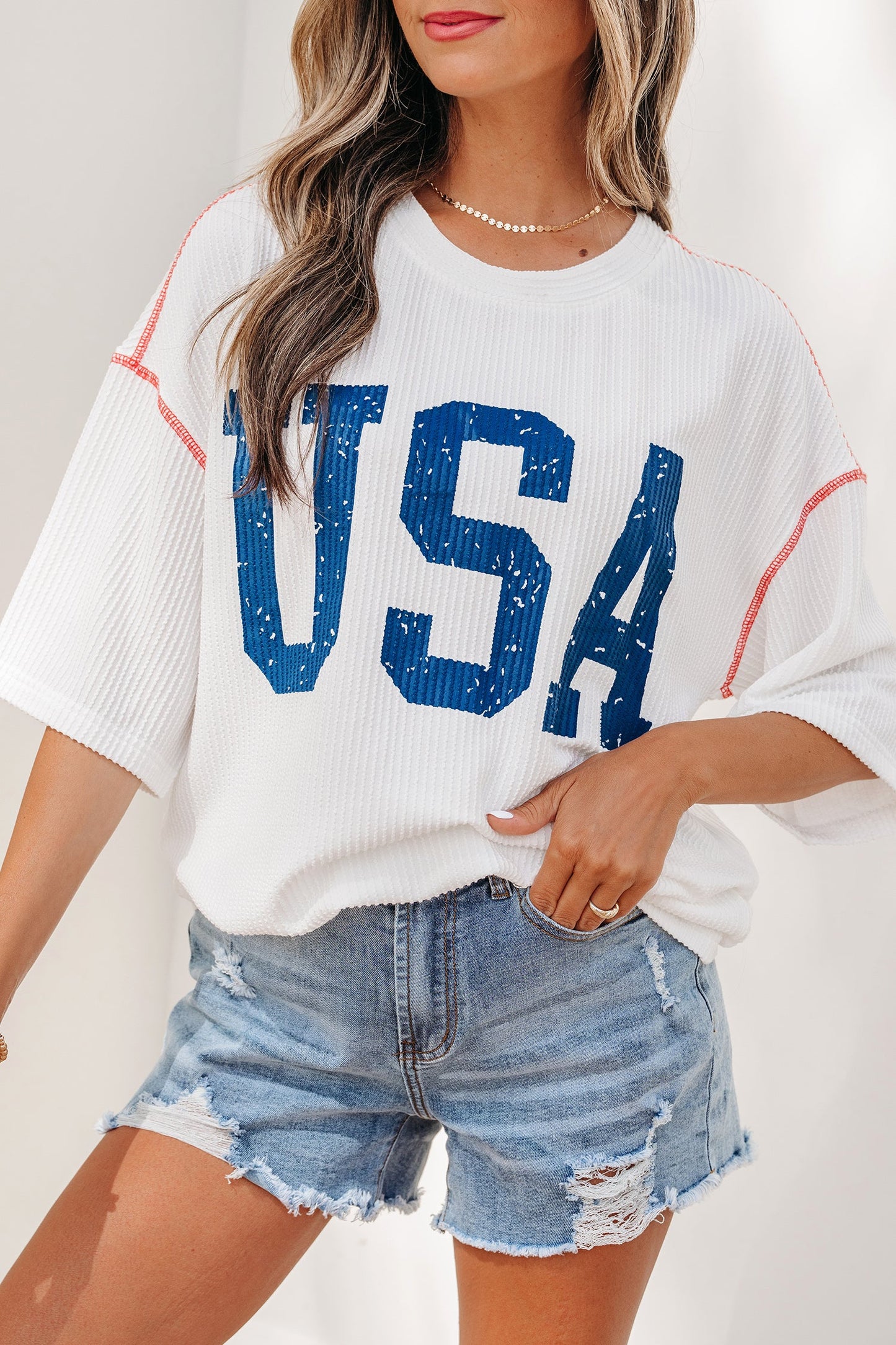 USA Corded Knit Short Sleeve Graphic Top