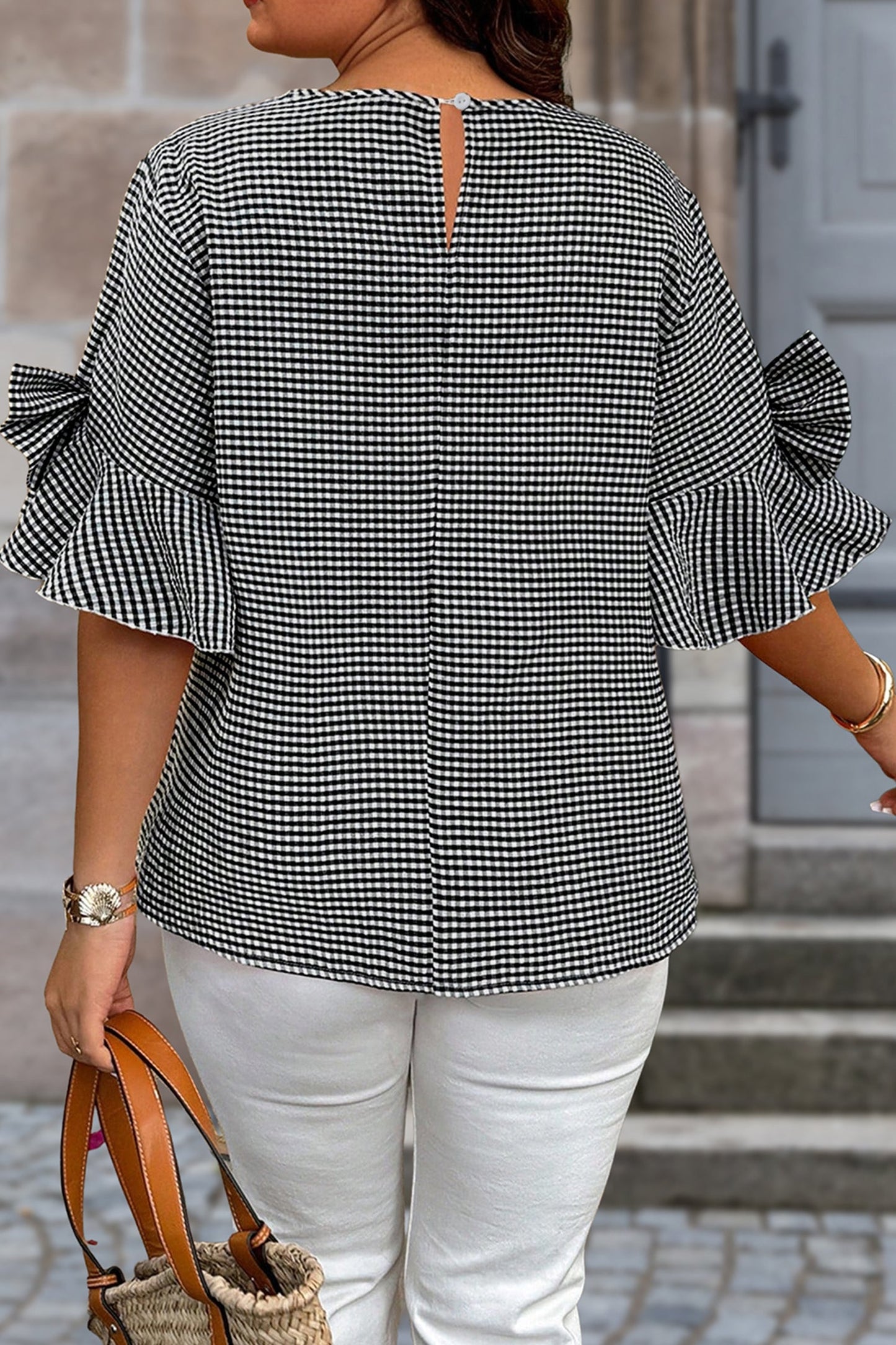 Plus Size Gingham Bow Ruffle Sleeve Top