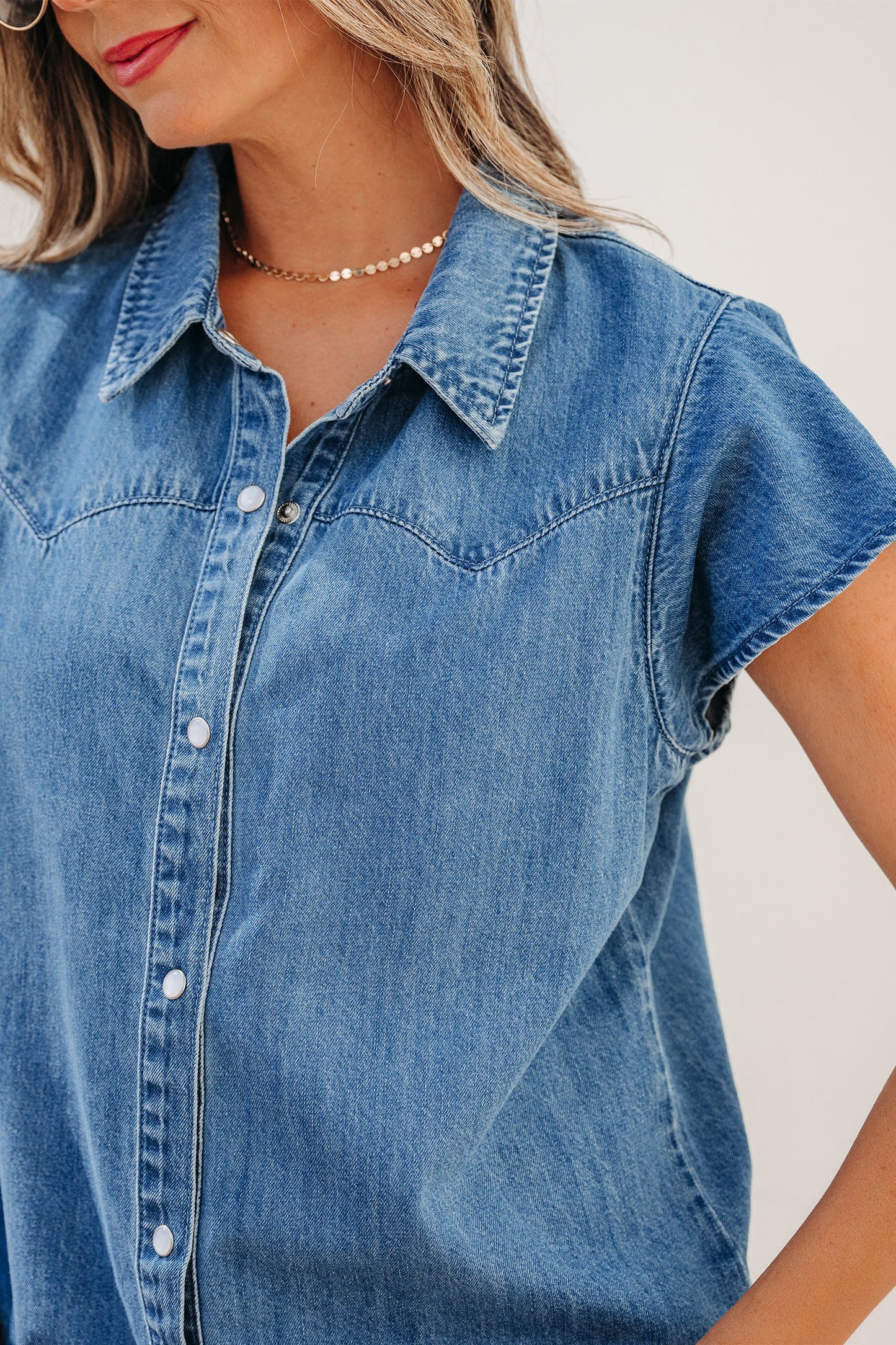 Solid Denim Ruffle Short Sleeve Buttoned Shirt
