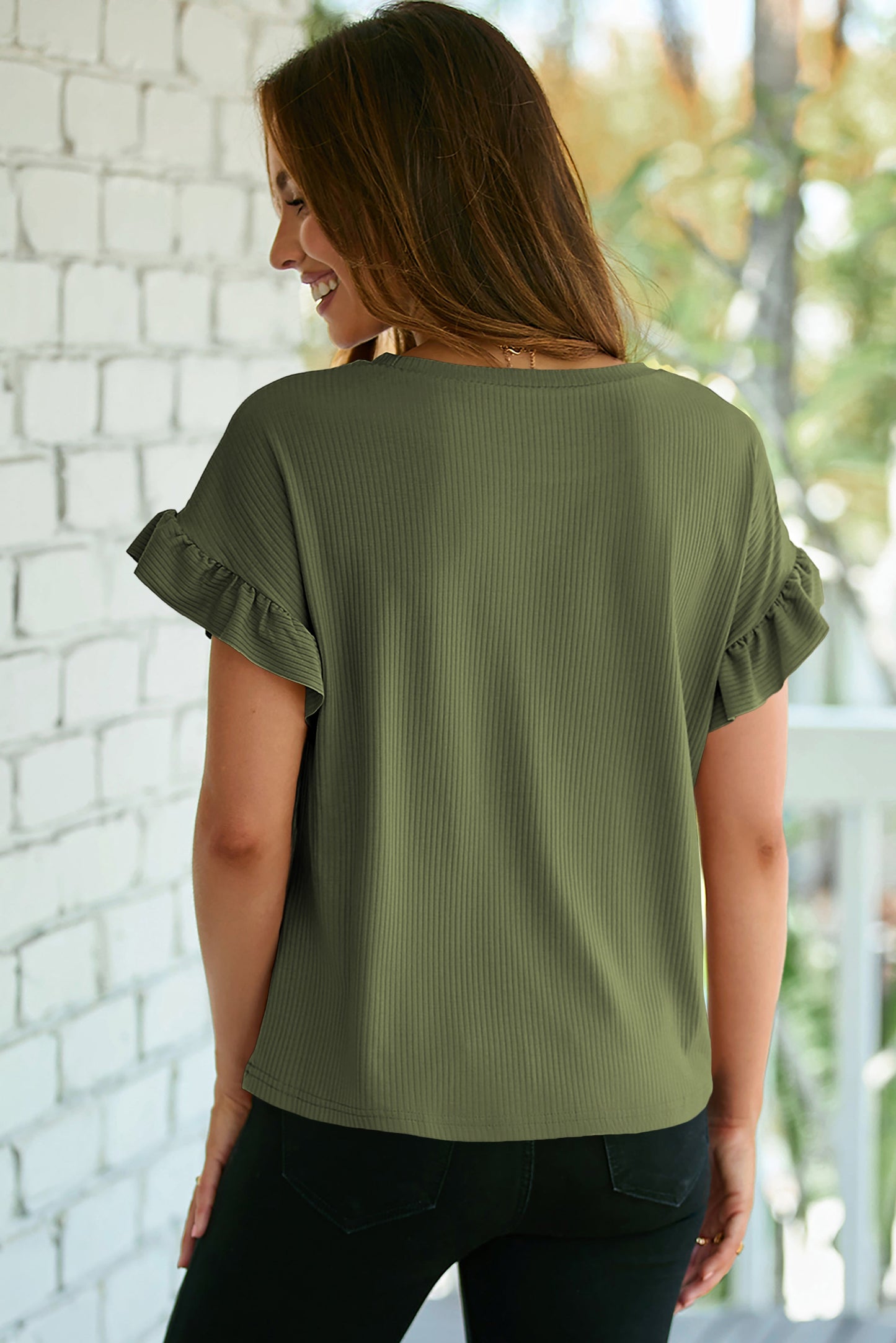 Solid Ribbed Knit Ruffle Short Sleeve T-Shirt