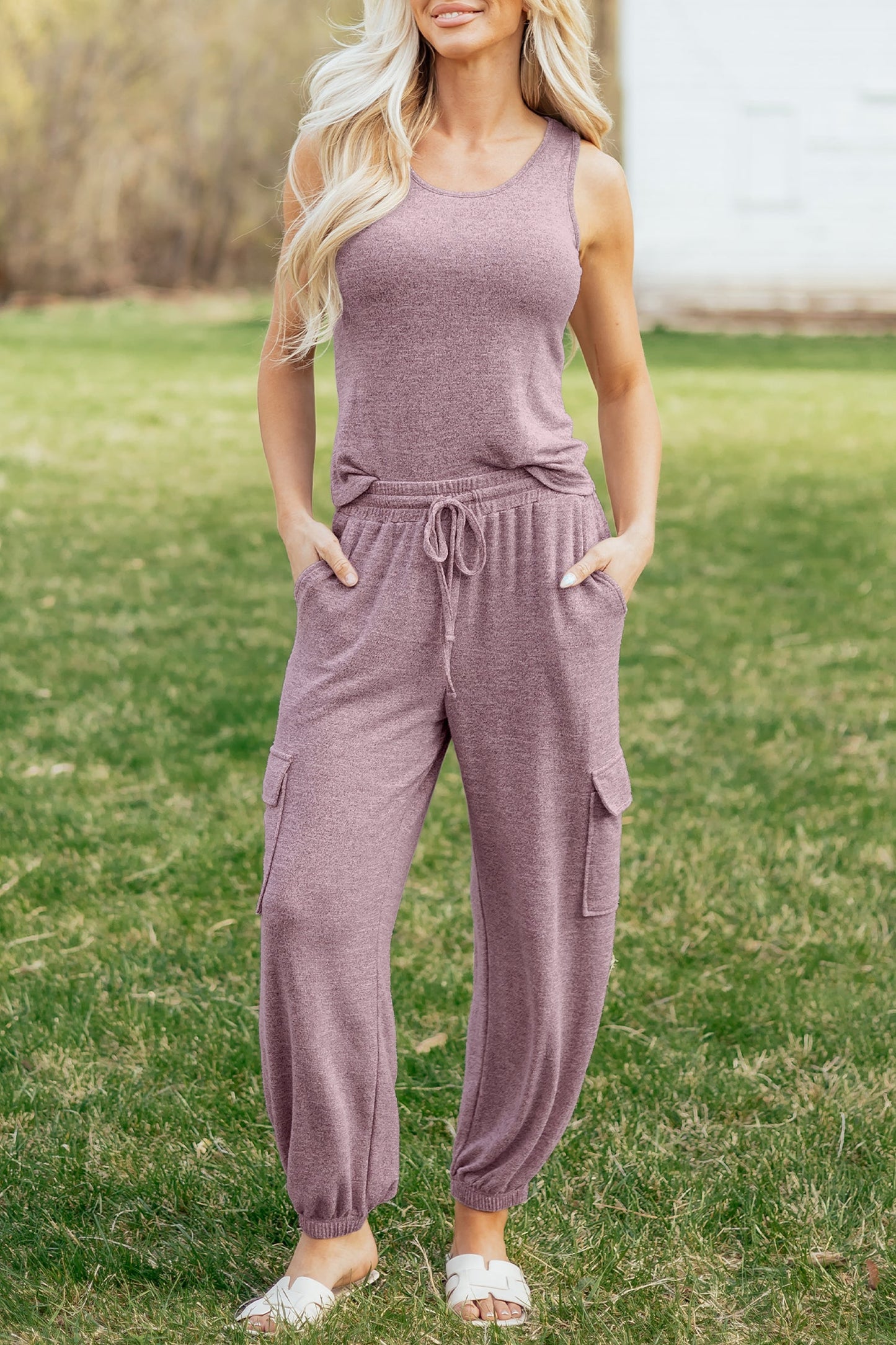 Solid Tank Top & Drawstring Jogger Pants Set
