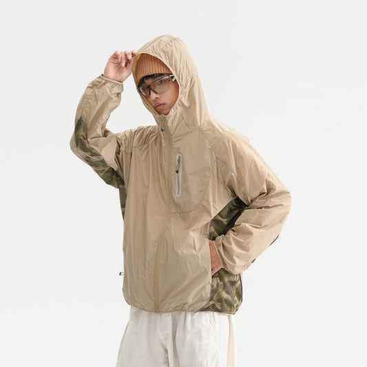 Camouflage Spliced Thin Hooded Sun Protection Clothing Men's Outdoor Sports Reflective Design Casual Jacket Trendy