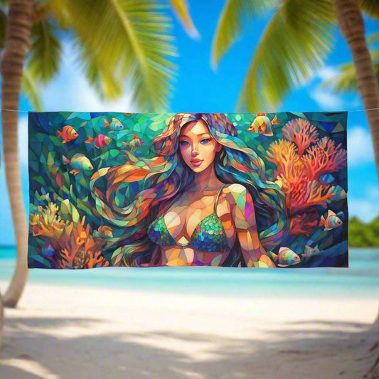 Mermaid Beach Towel 🧜🏼‍♀️ Stained Glass Style Print