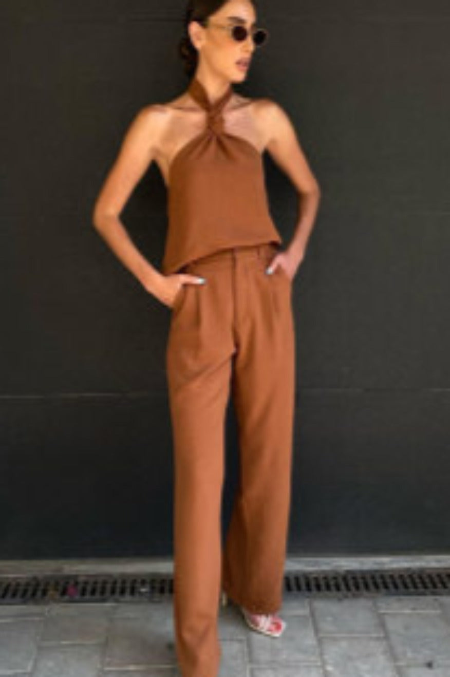 High Waist Brown Trouser Set