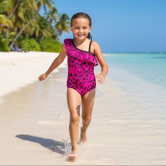 Girls Pink Pirate Skull Pattern One Piece Ruffled Swimsuit