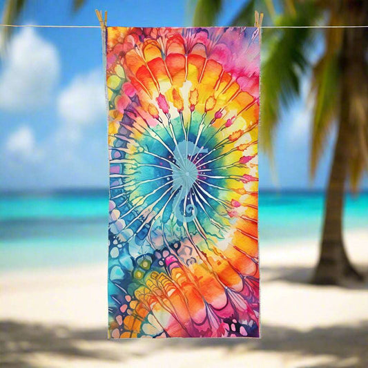 Vibrant Tie-Dye Beach Towel with Seahorse 🪸