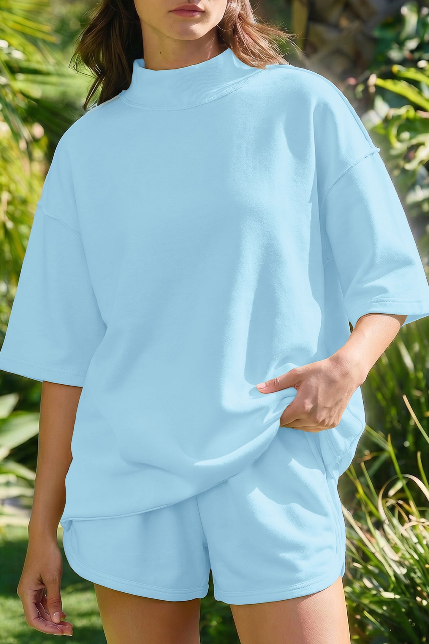 Solid Exposed Seam Mock Neck Tee & Shorts Set