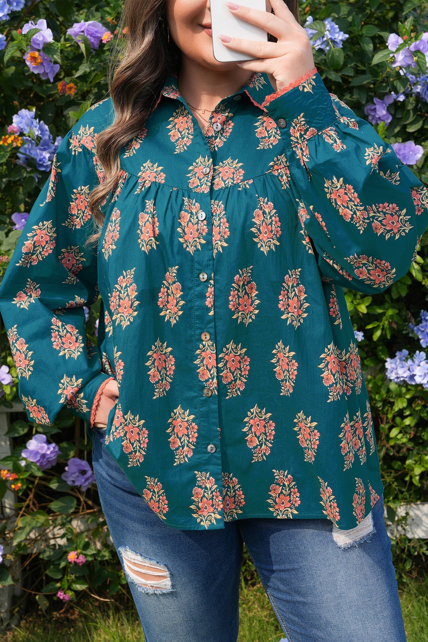 Plus Size Floral Lace Trim Pleated Buttoned Shirt