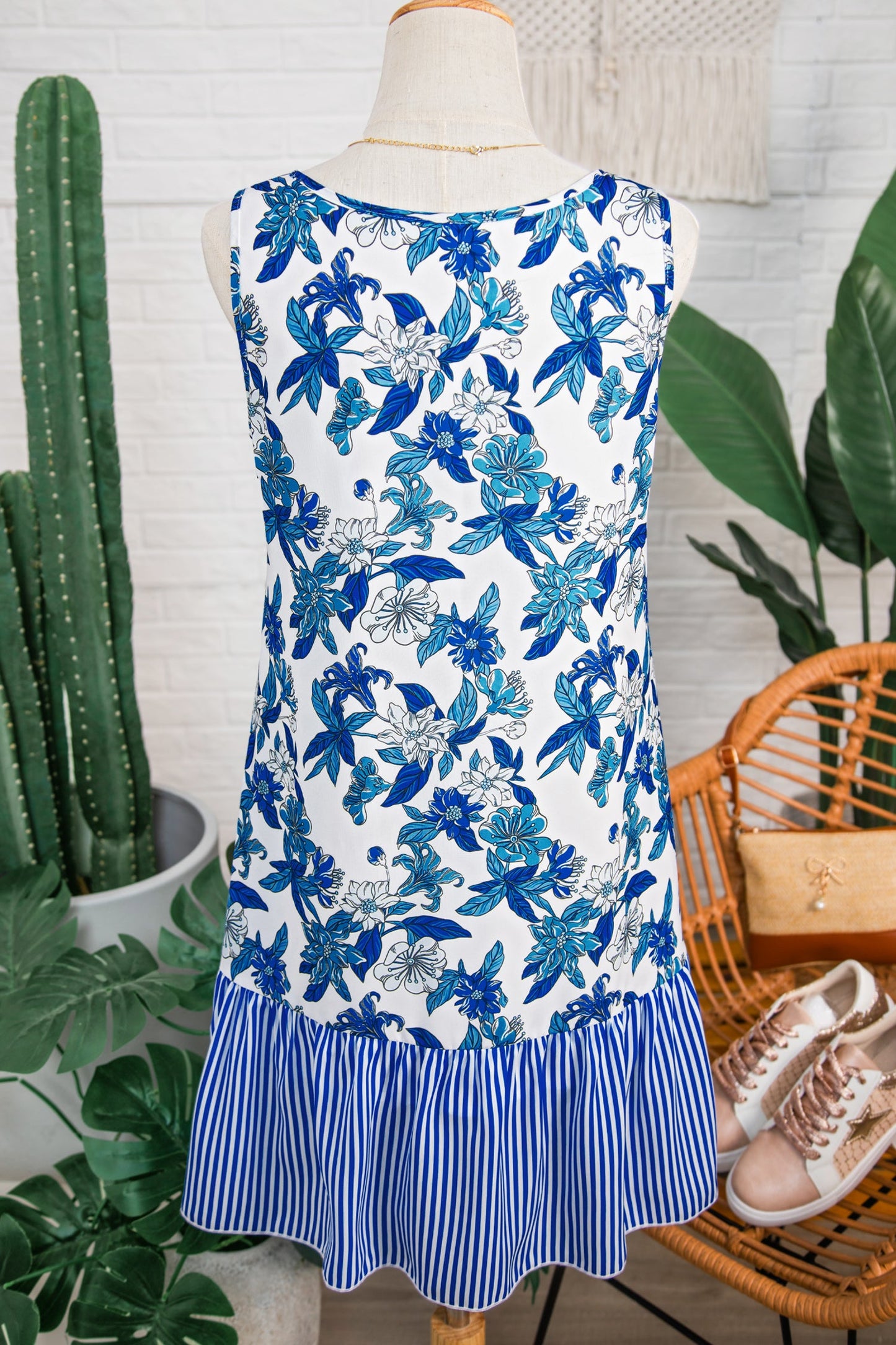 Floral Stripe Patchwork Sleeveless Ruffle Hem Dress