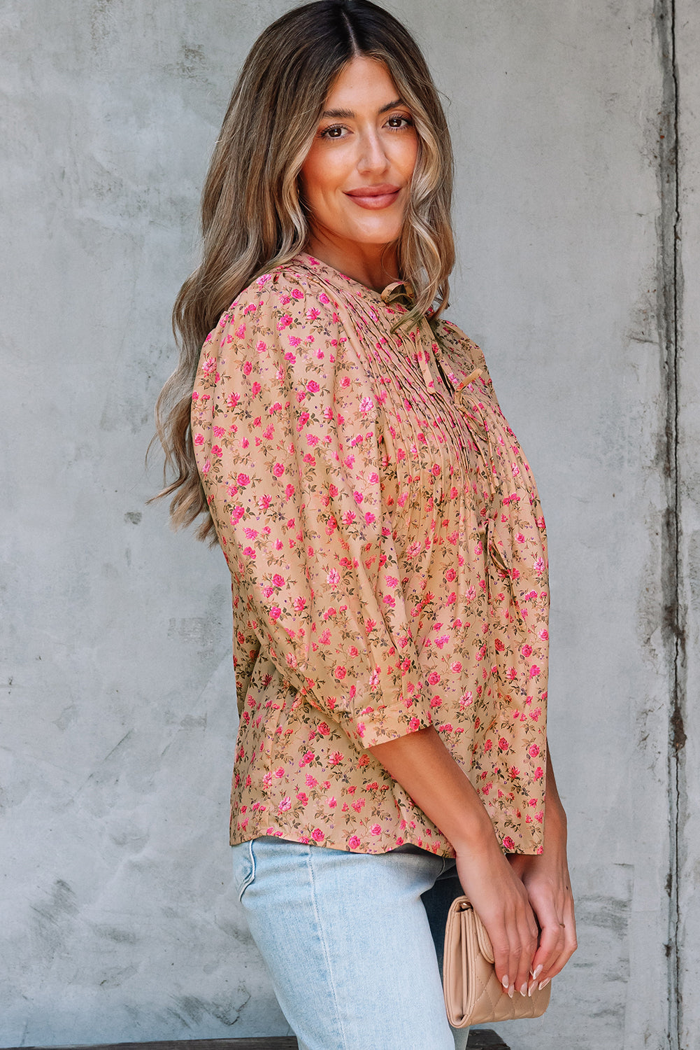 Sadie Floral Bow Pin-tuck Bust Half Puff Sleeve Blouse