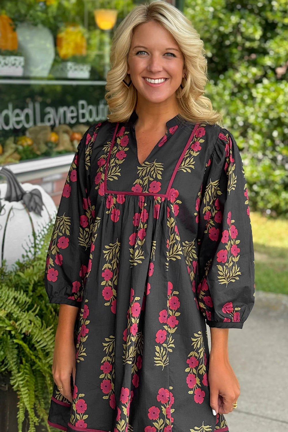 Floral Notch Neck Piping Trim Babydoll Dress