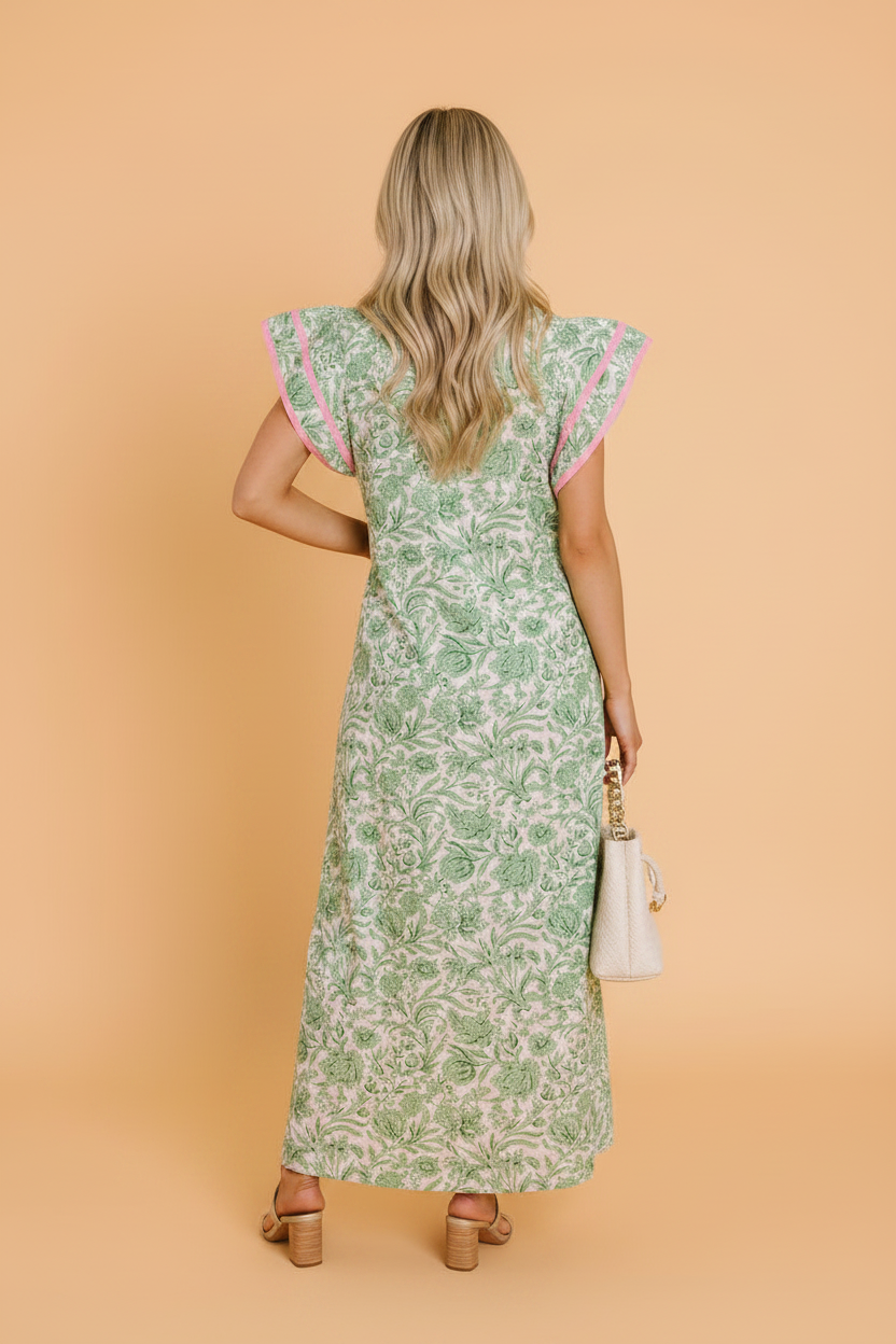 Floral Colorblock Patchwork V-Neck Midi Dress