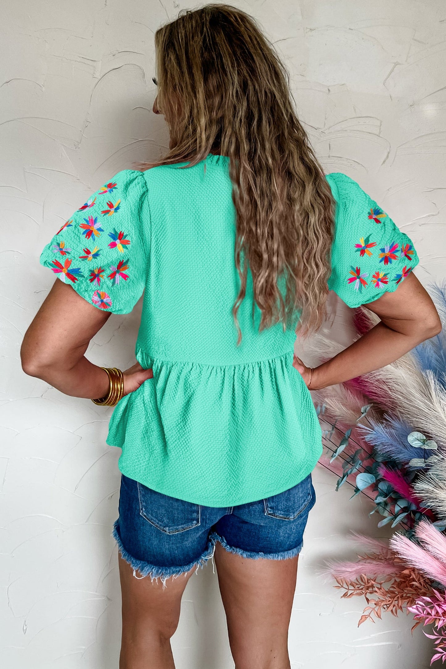 Flower Embroidered Puff Sleeve Frilled V-Neck Blouse