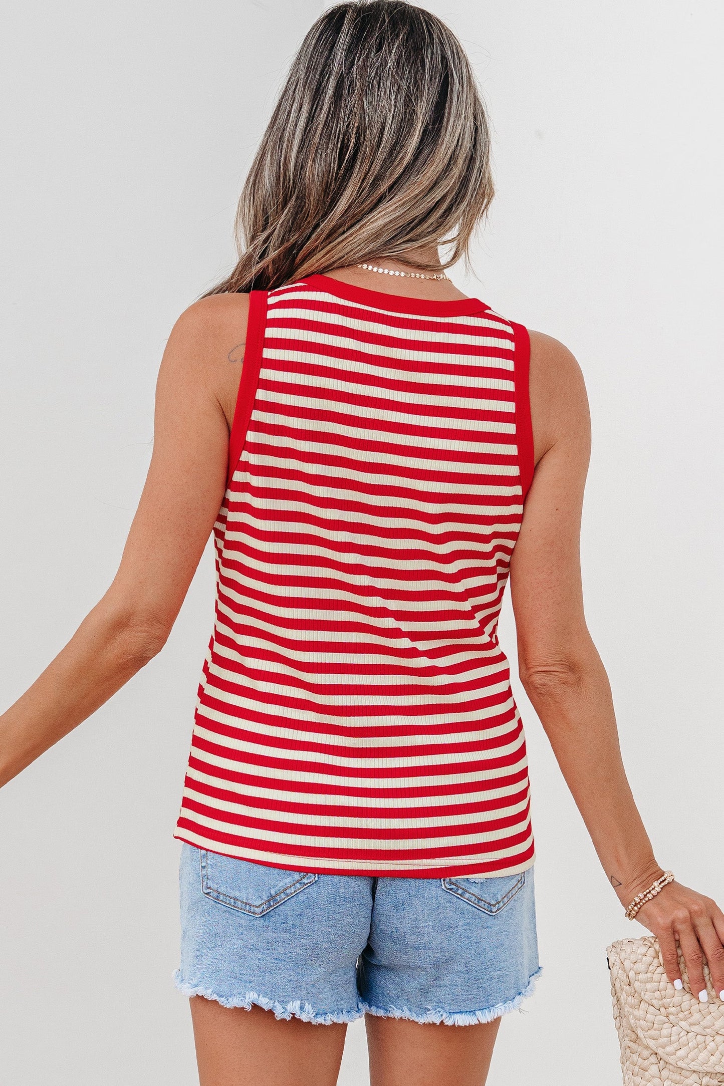 Stripe Ribbed Knit Buttoned Tank Top