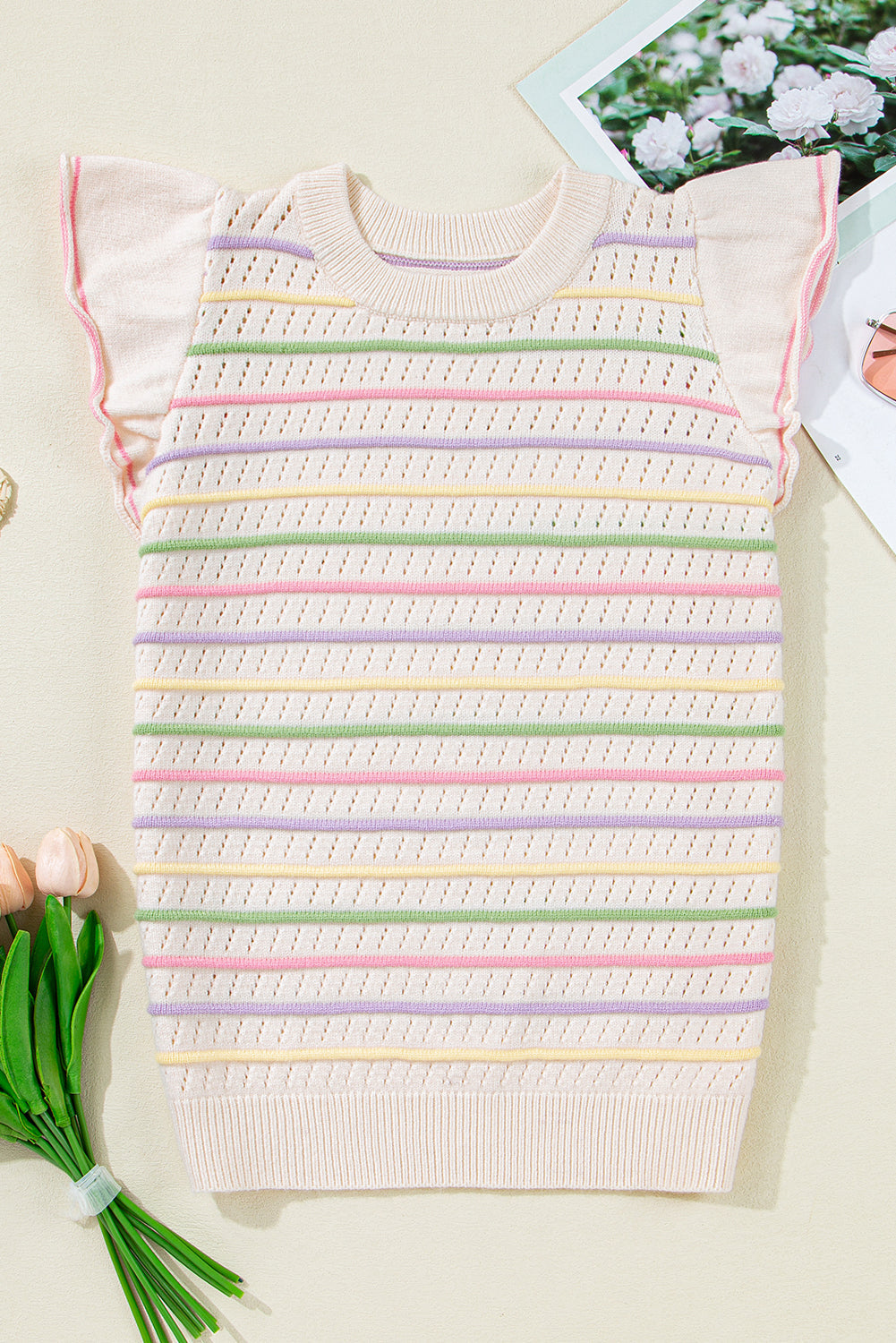 Stripe Eyelet Knit Ruffle Sleeve Sweater