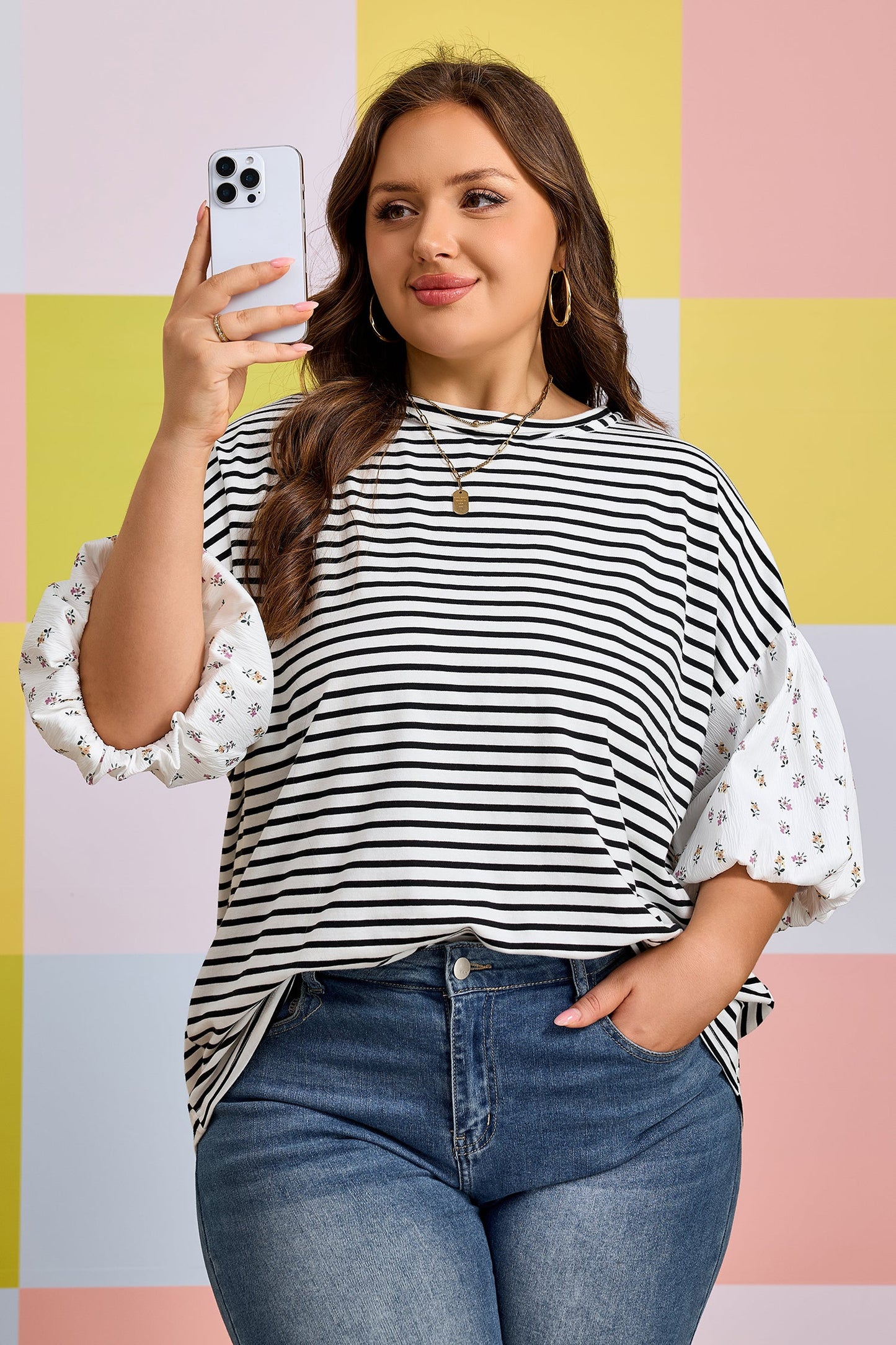 Plus Size Stripe Floral Patchwork Puff Sleeve Top