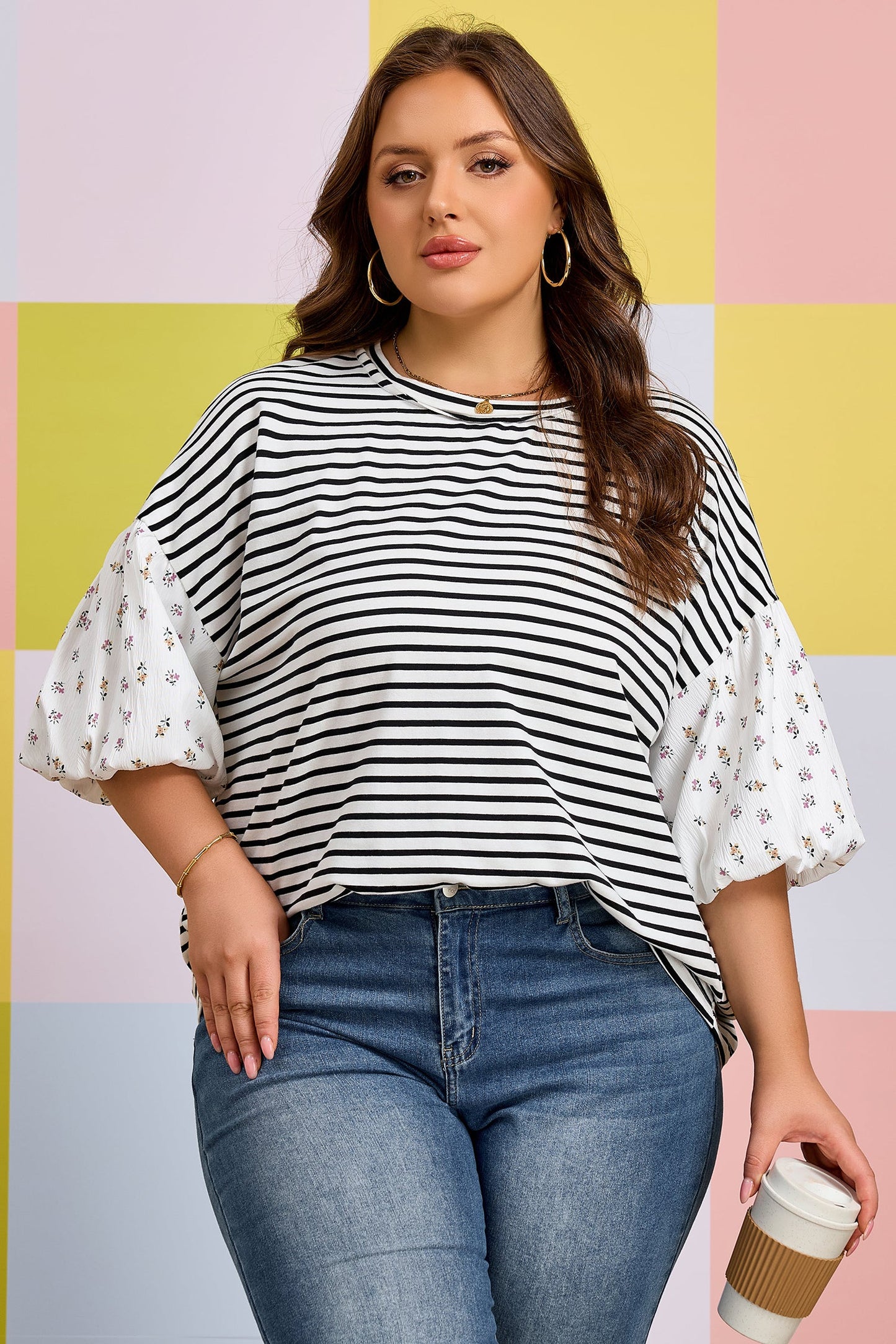 Plus Size Stripe Floral Patchwork Puff Sleeve Top