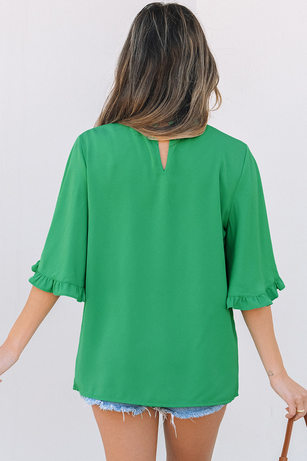 Frilled Round Neck Wide 3/4 Sleeve Blouse