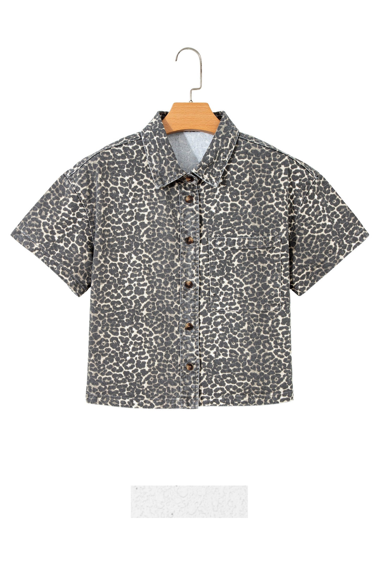 Leopard Denim Short Sleeve Button Up Cropped Shirt