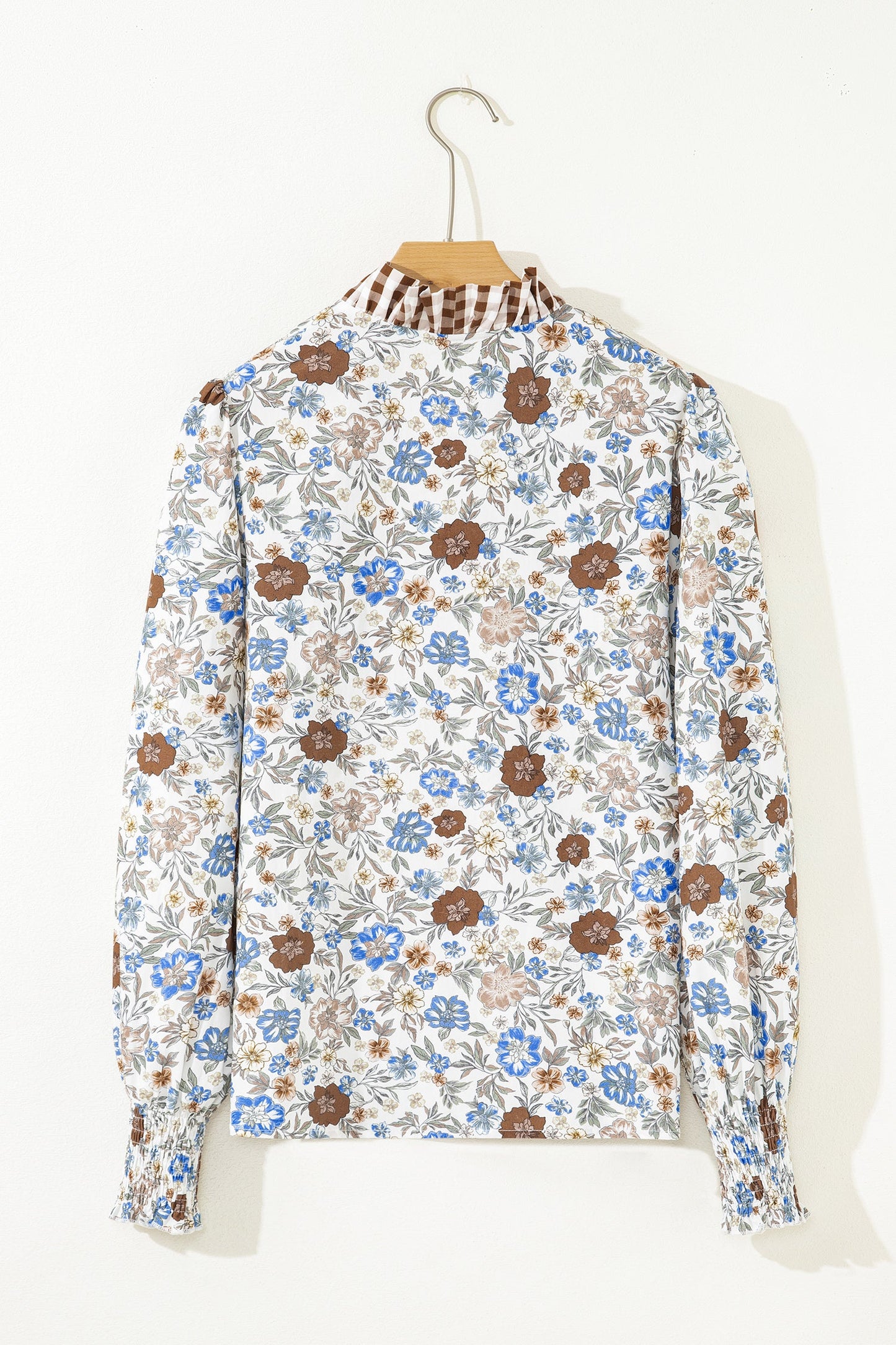 Floral Plaid Frilled Trim Long Sleeve Blouse