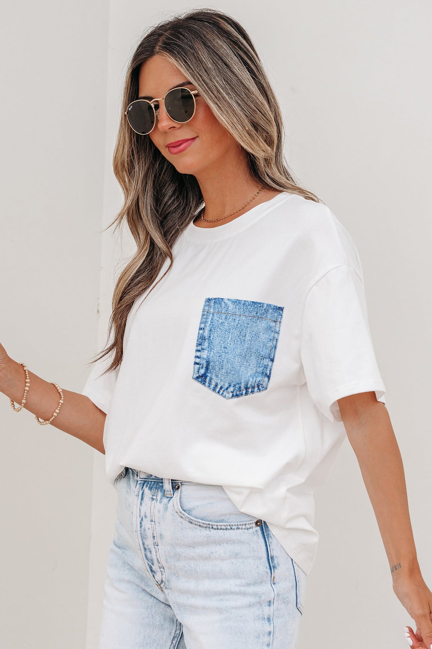 Colorblock Chest Pocket Patch Short Sleeve Top