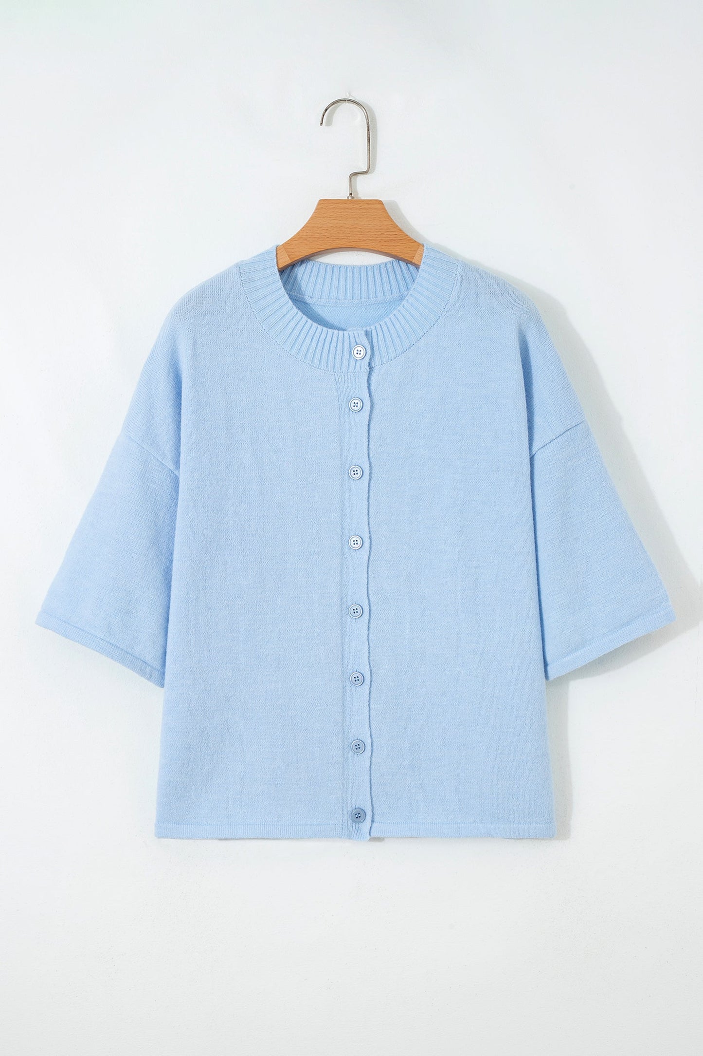 Solid 3/4 Sleeve Boxy Button-Down Cardigan