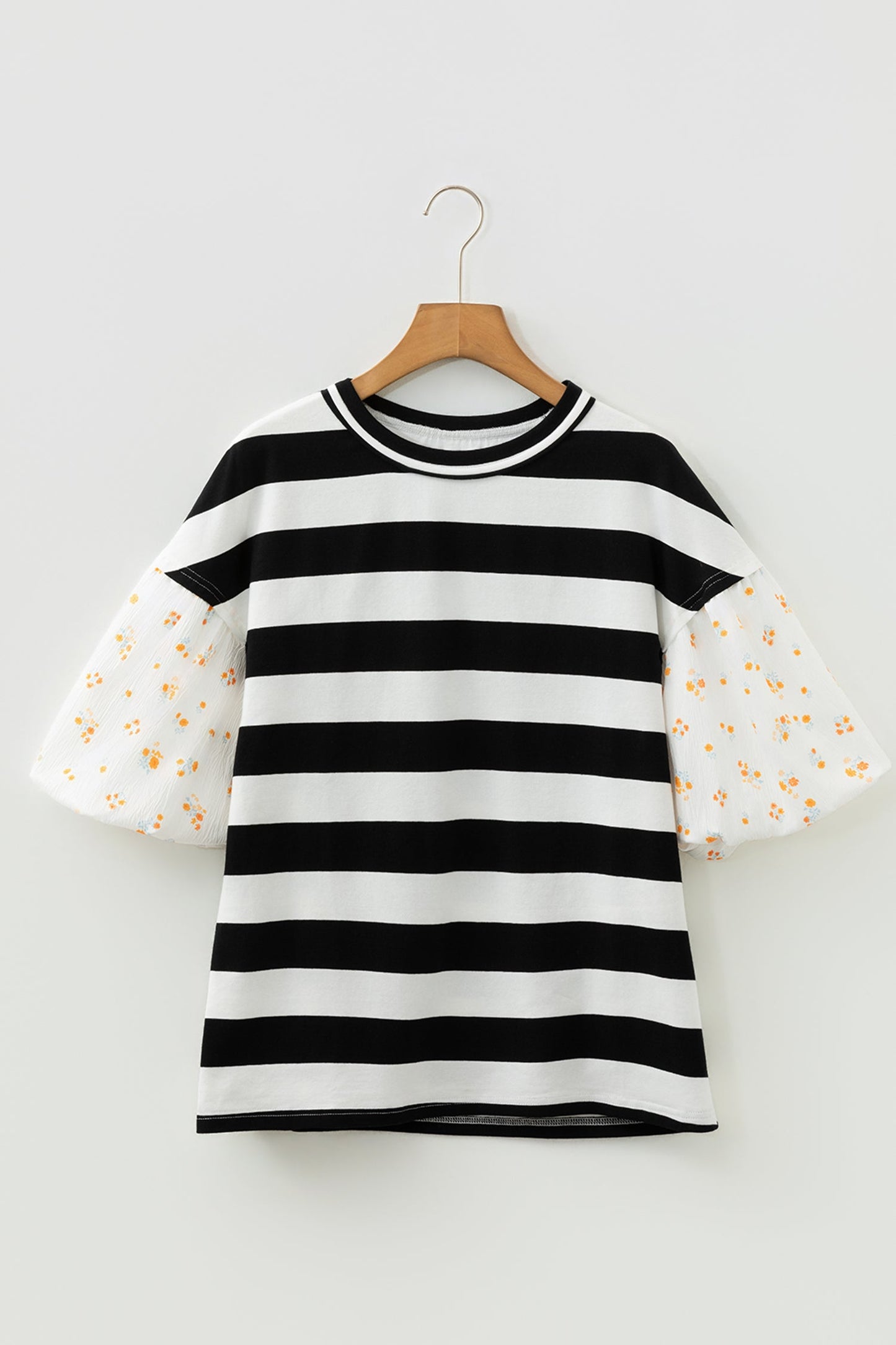 Stripe Floral Patchwork Puff Sleeve Blouse