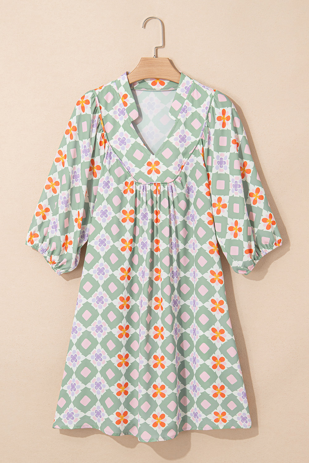 Geometric Floral 3/4 Sleeve Notched Neck Mini Dress