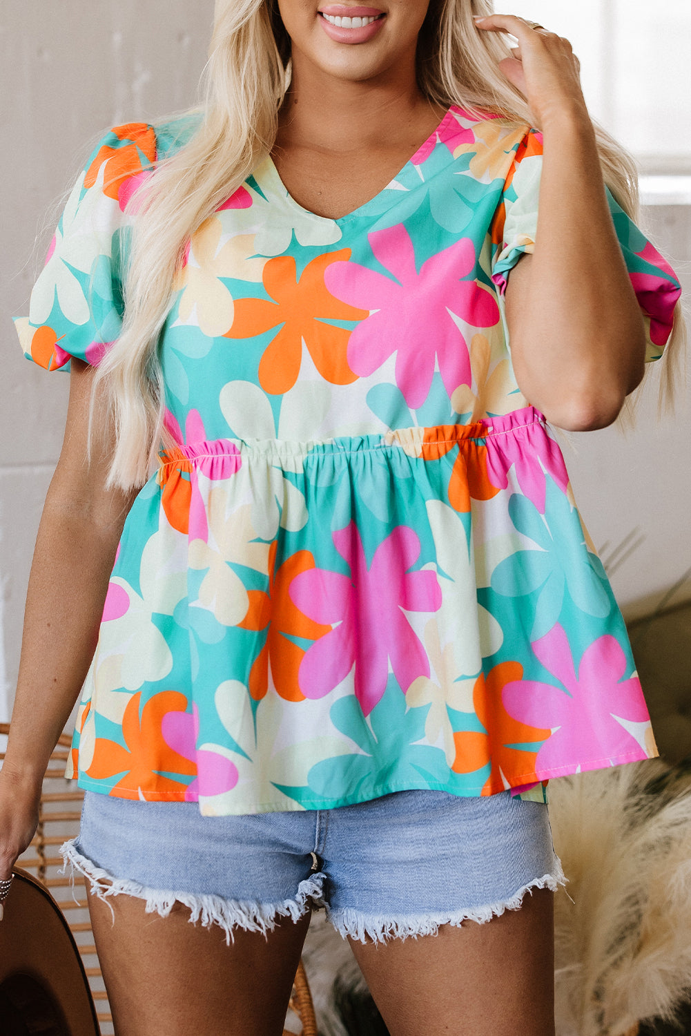 Kathryn Bubble Sleeve Peplum Blouse