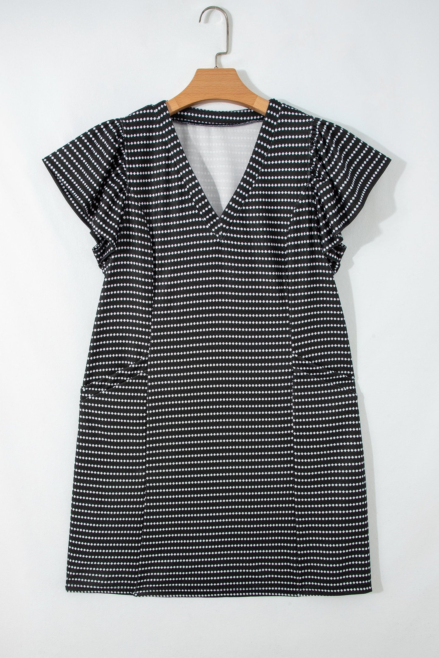 Stripe Textured Knit V-Neck Flutter Sleeve Mini Dress