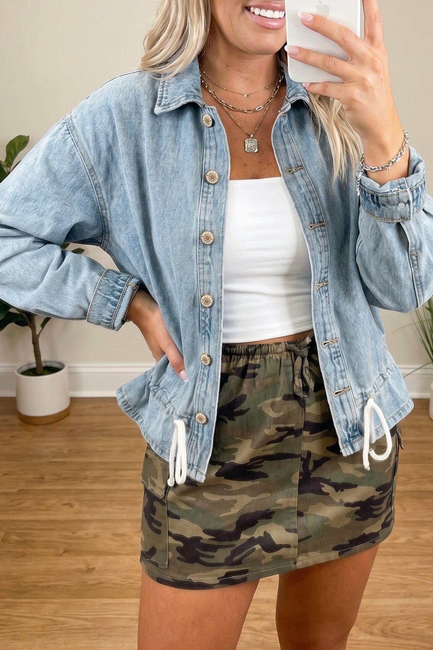 Light Wash Denim Drawstring Hem Buttoned Jacket