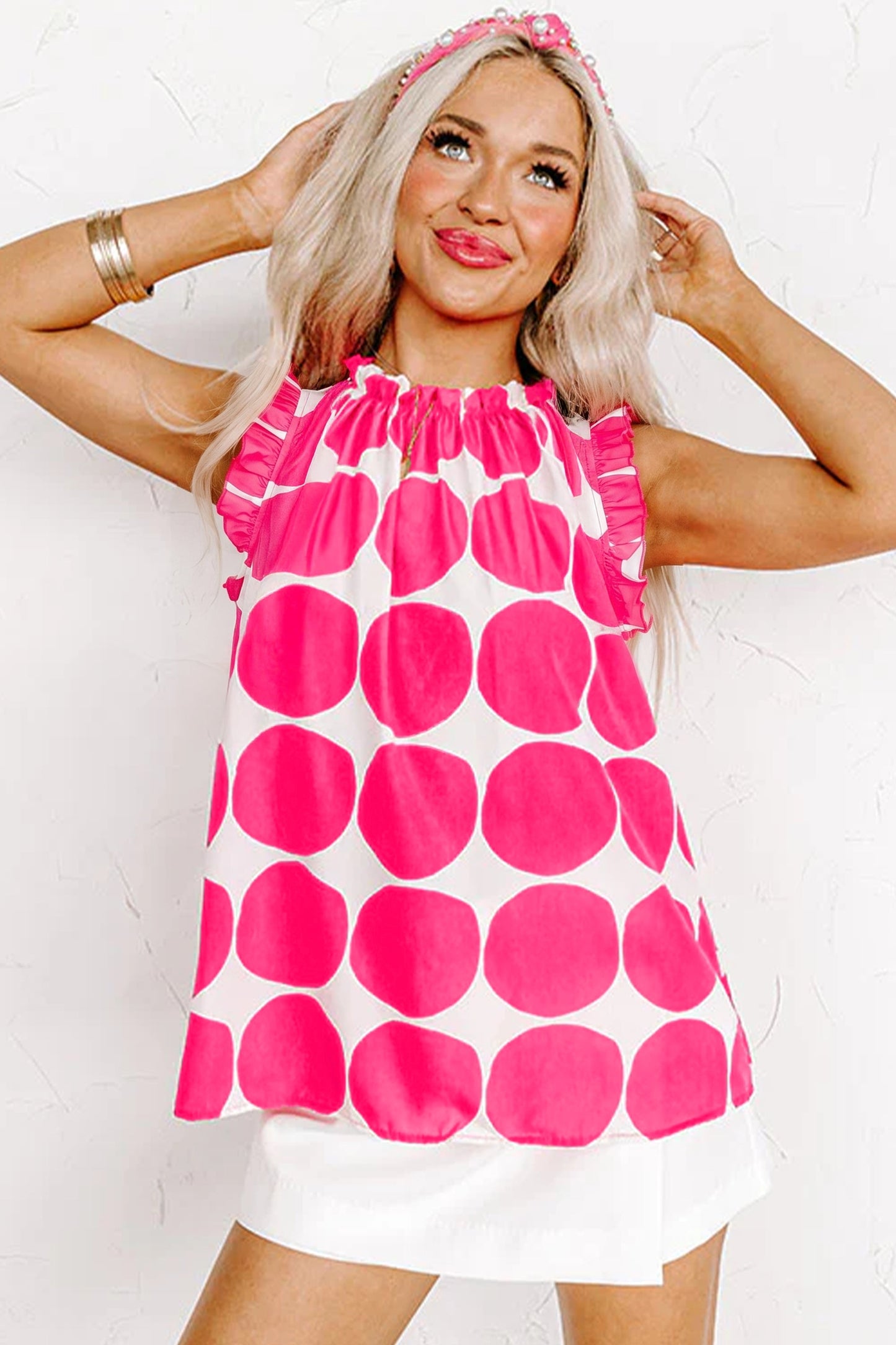 Polka Dot Frilled Round Neck Tank Top
