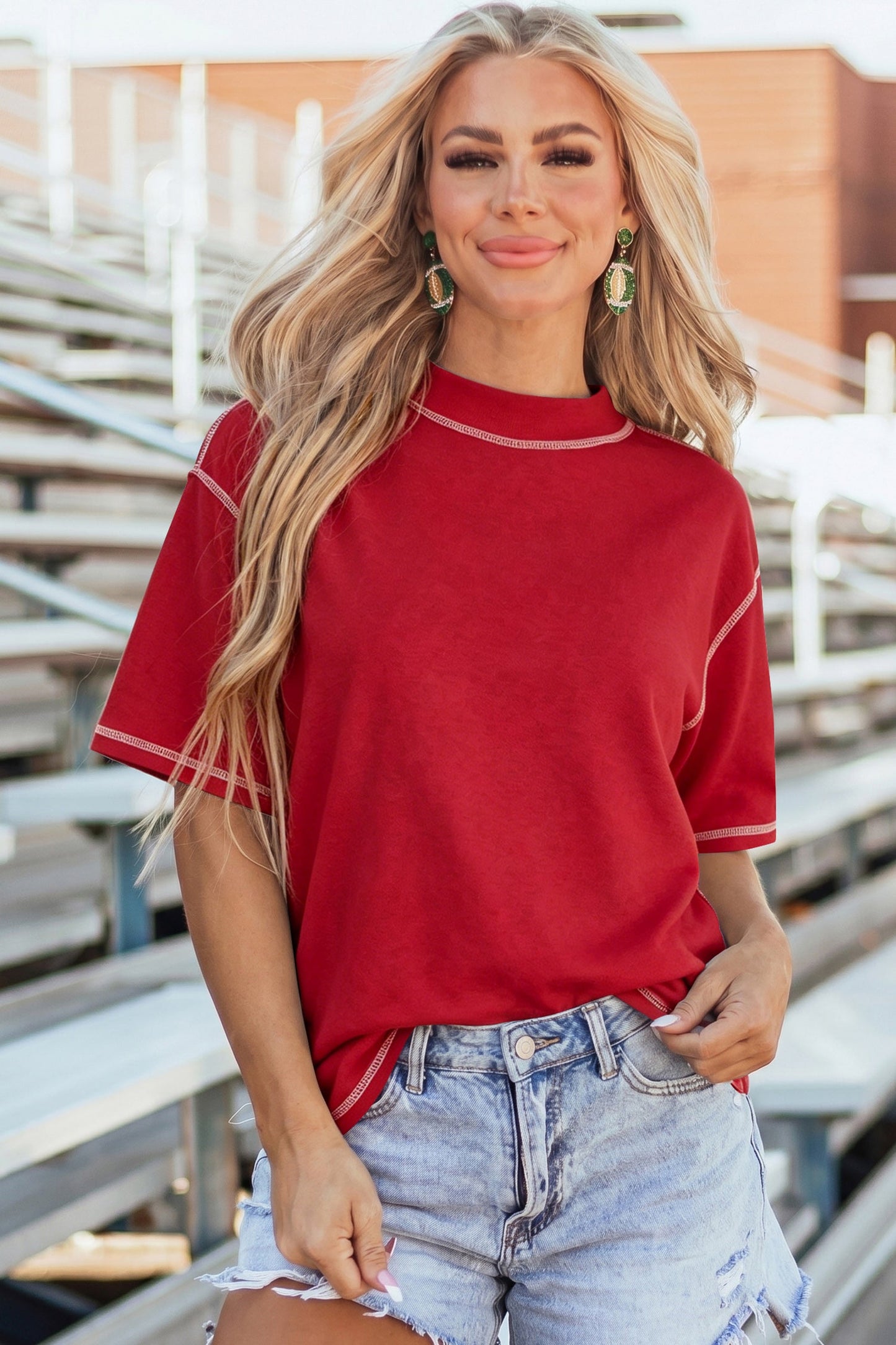 Reversible Contrast Stitching Mock Neck T-Shirt