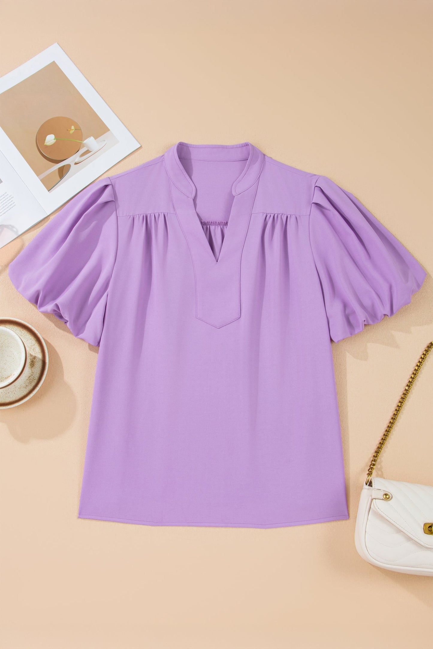 Solid Puff Sleeve Notched V-Neck Blouse