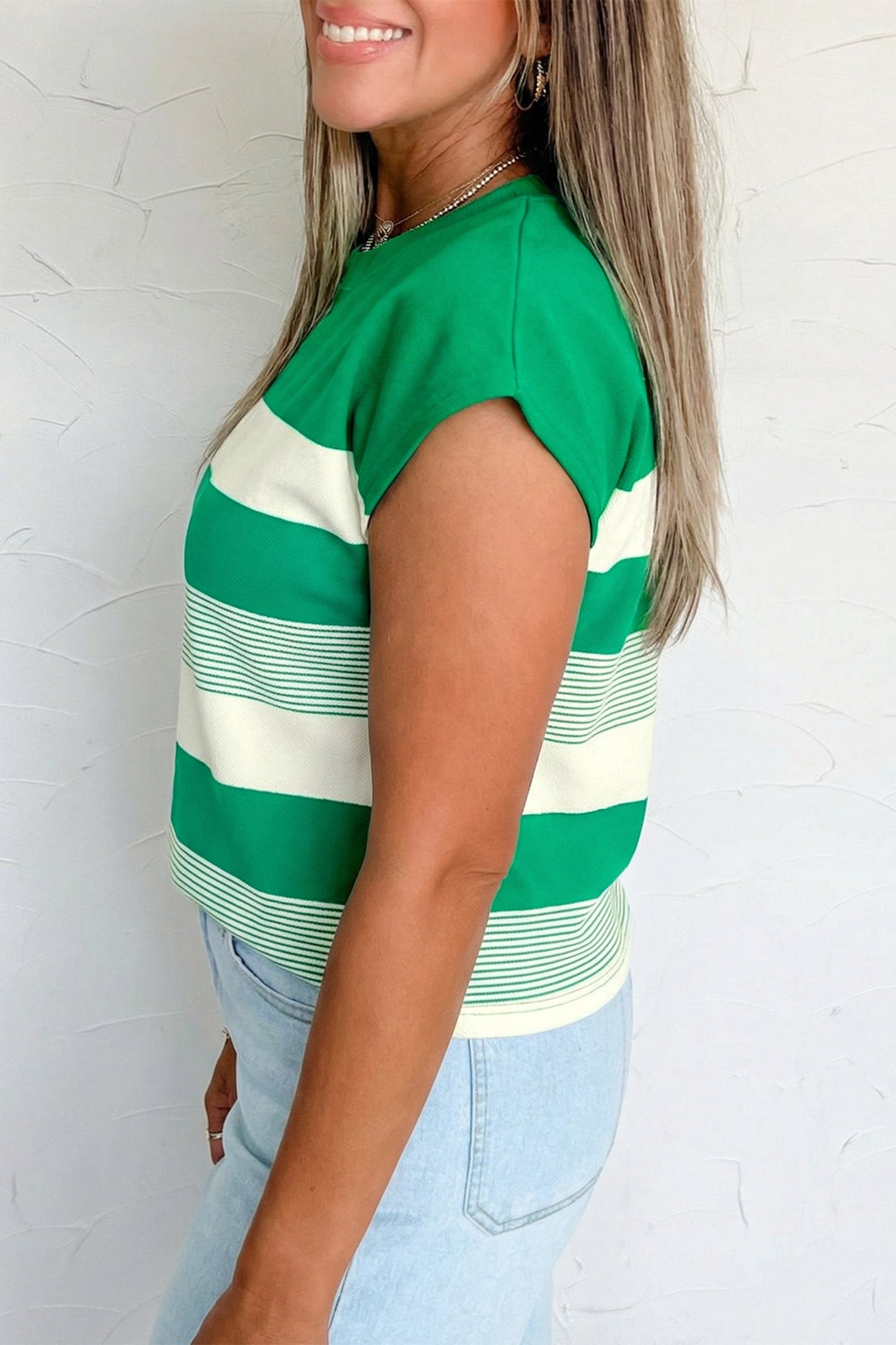 Stripe Mixed Crew Neck Cap Sleeve T-Shirt
