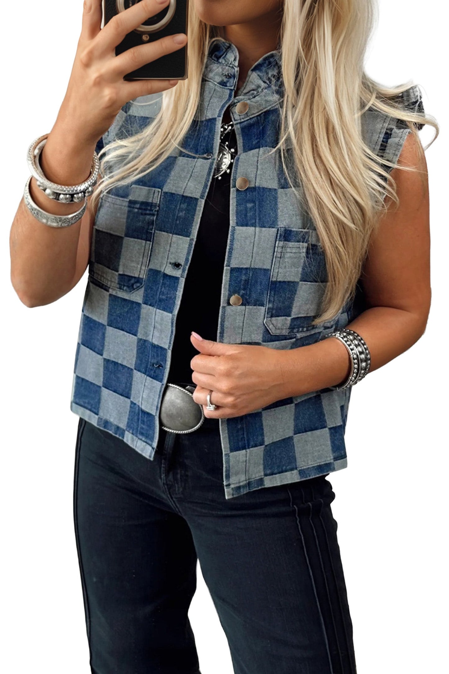 Checker Ruffle Trim Button Down Denim Vest