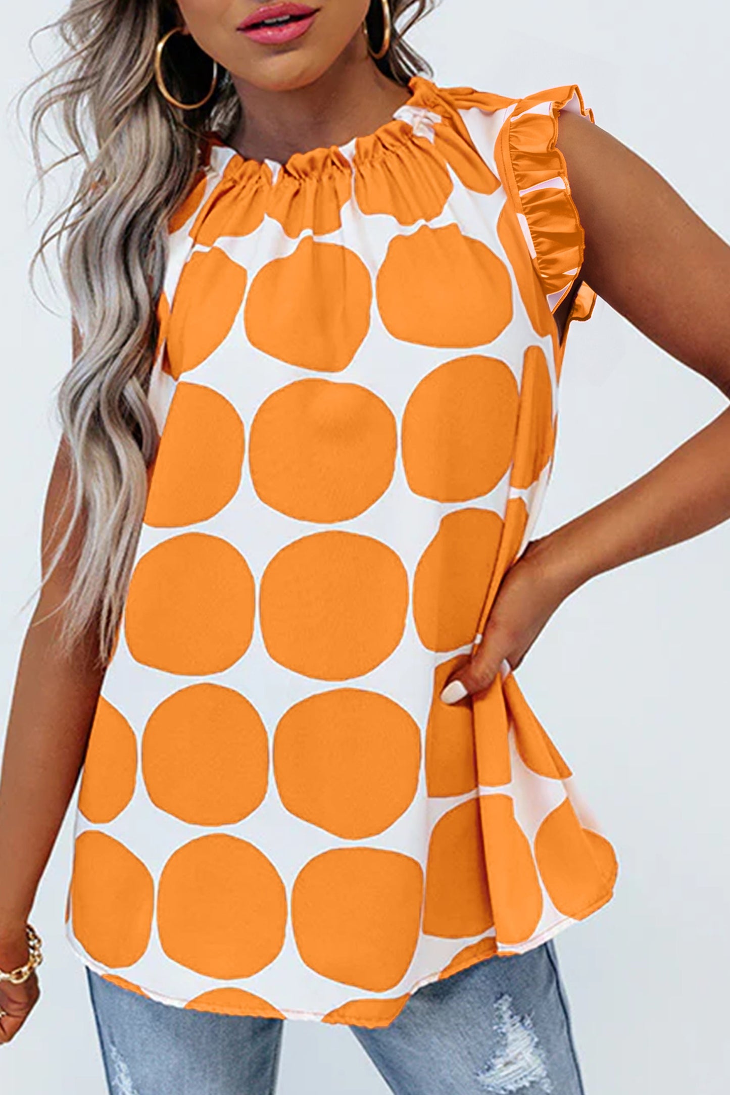 Polka Dot Frilled Round Neck Tank Top